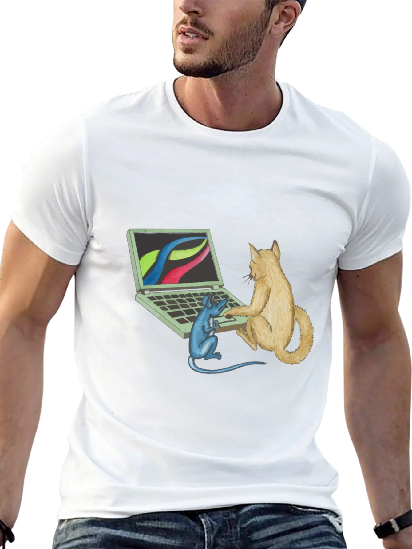 Black Cat & Mouse Computer Black T-Shirt view 13