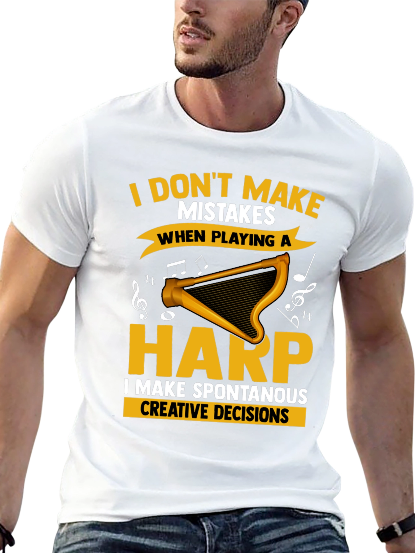 Black Funny Harp Player T-Shirt - No Mistakes, Creative Decisions view 13