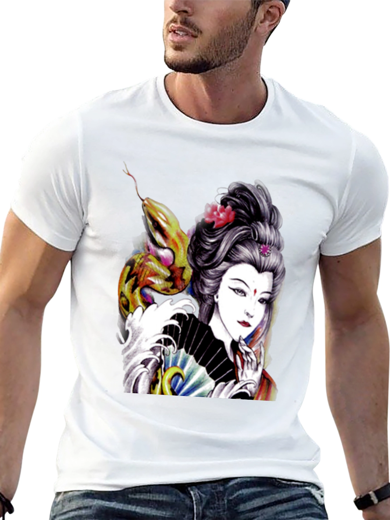 Black Geisha Snake Graphic Print Black T-Shirt view 13