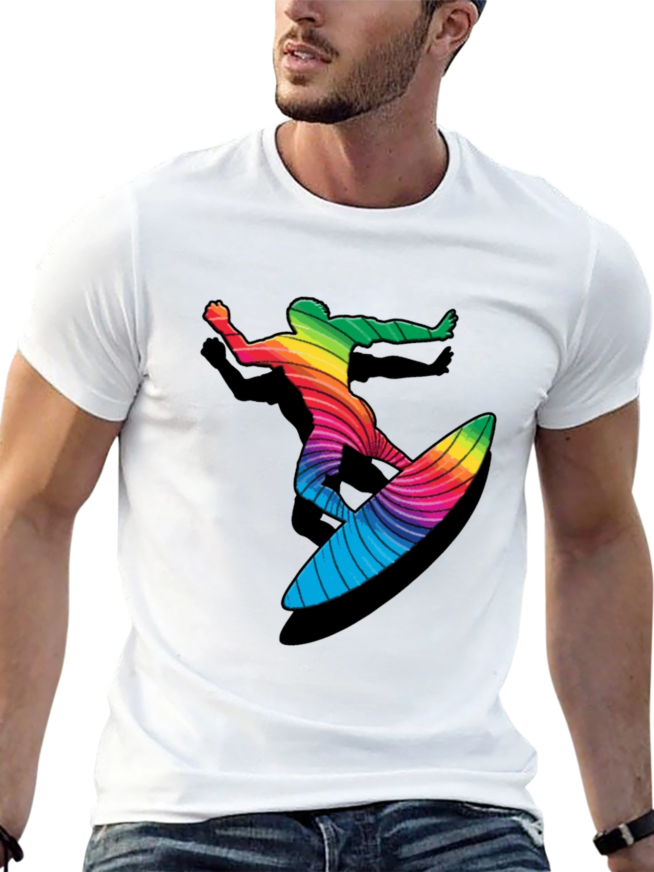 Black Rainbow Surfer Graphic Tee - Black Cotton T-Shirt view 13