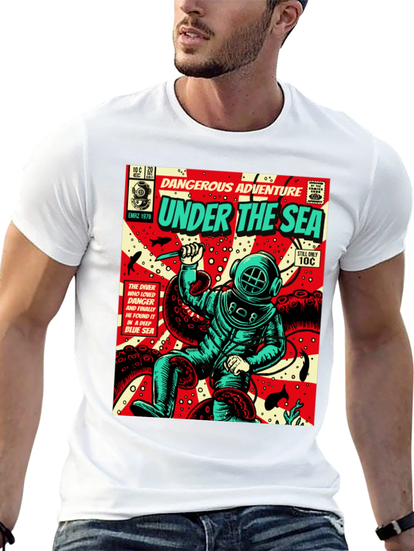 Black Under the Sea Comic Diver T-Shirt view 13