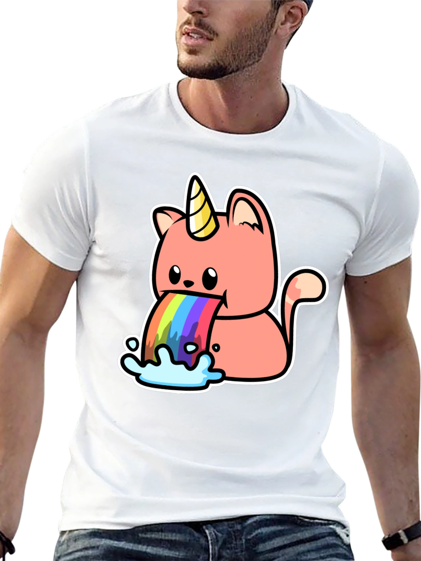 Black Unicorn Cat Rainbow Puke T-Shirt view 13