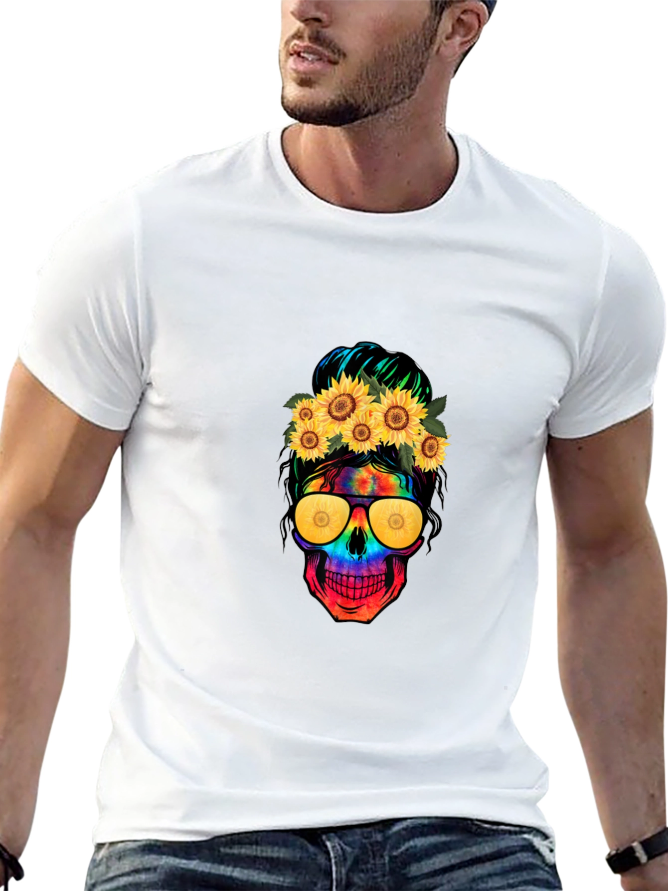 Skull with Sunflowers Graphic Tee - 13
