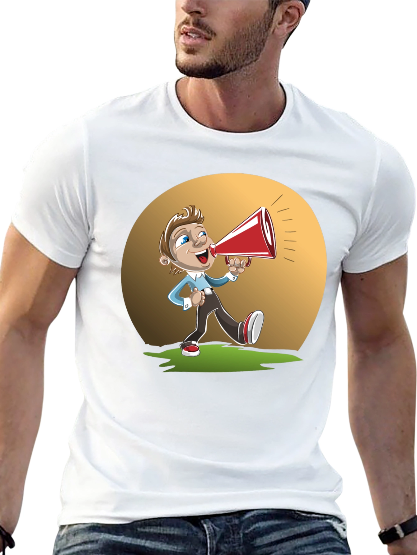 Black Cartoon Man with Megaphone Graphic T-Shirt view 13