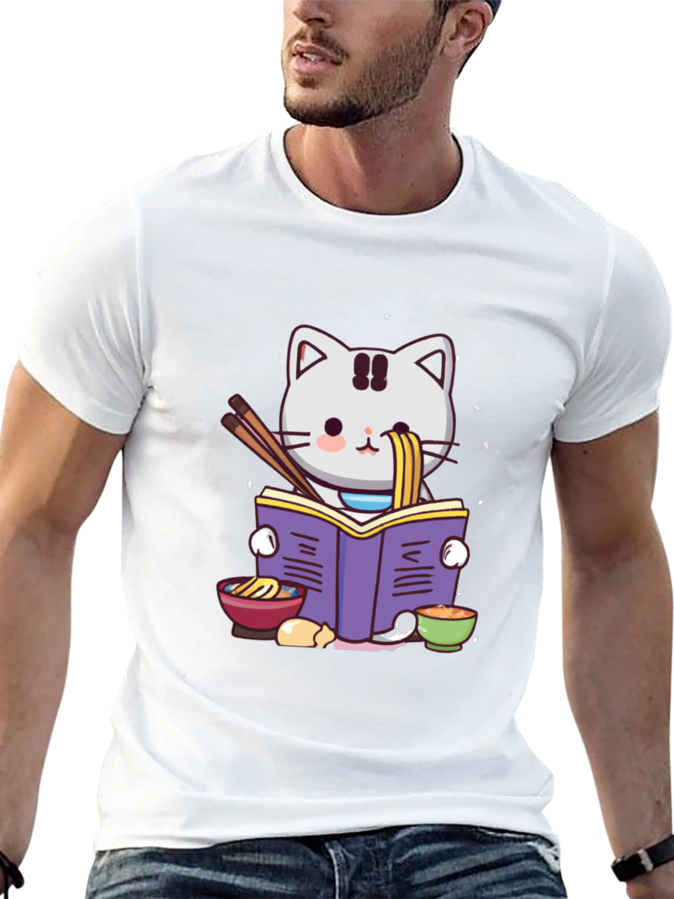 Black Ramen Cat Reading T-Shirt view 13