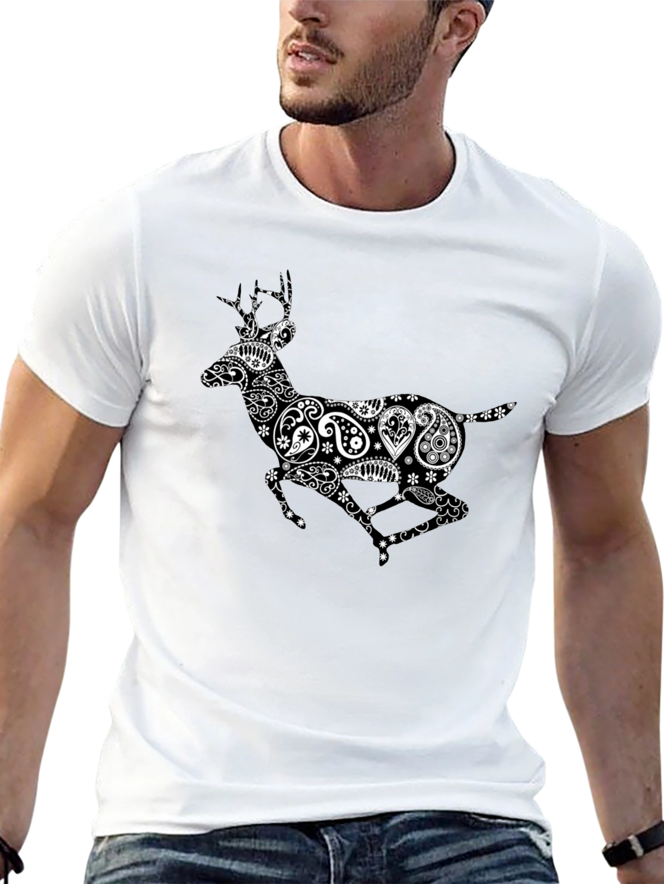 Black Paisley Deer Graphic Print T-Shirt view 13