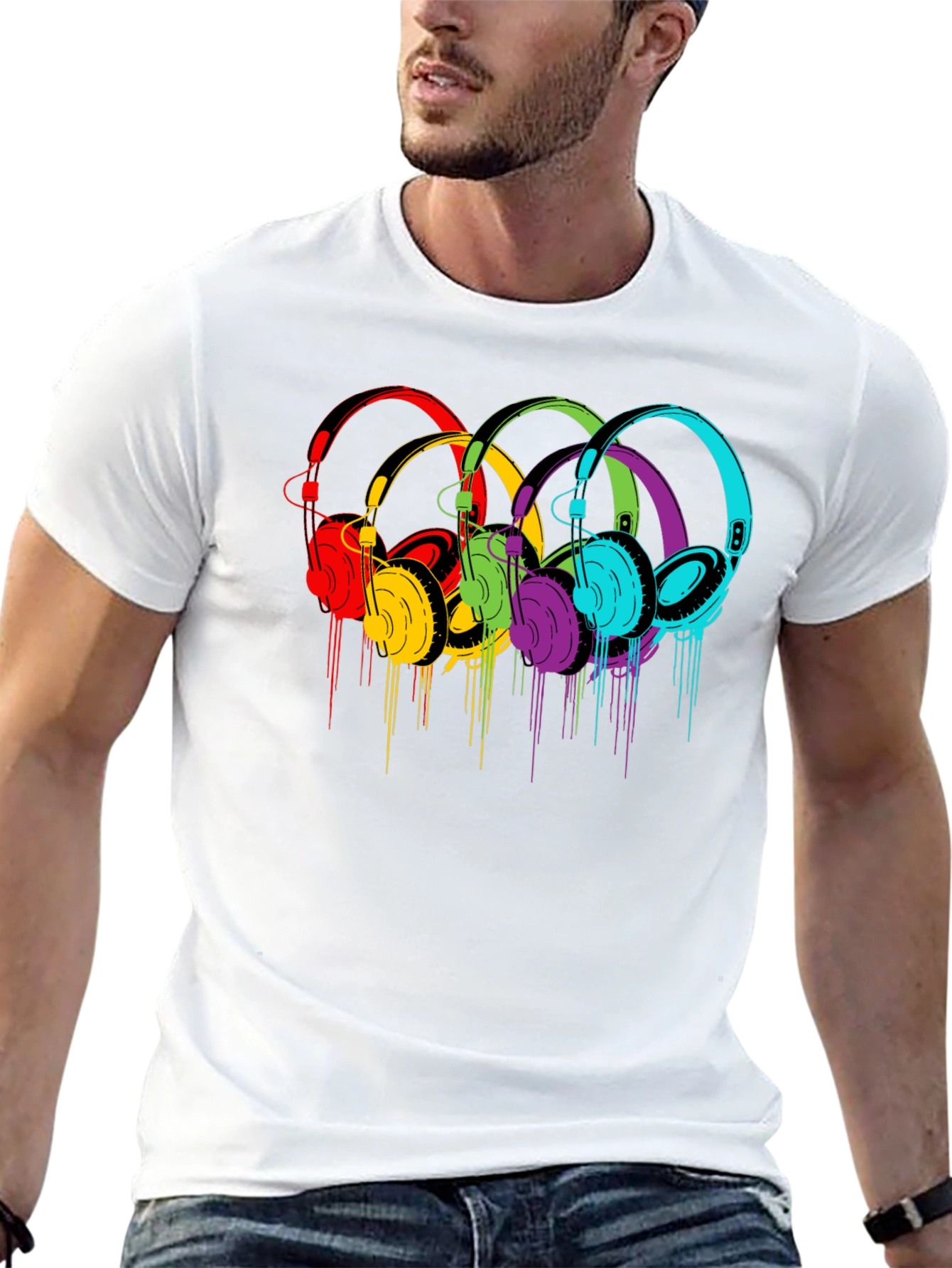 Black Colorful Headphones Graphic Black T-Shirt view 13