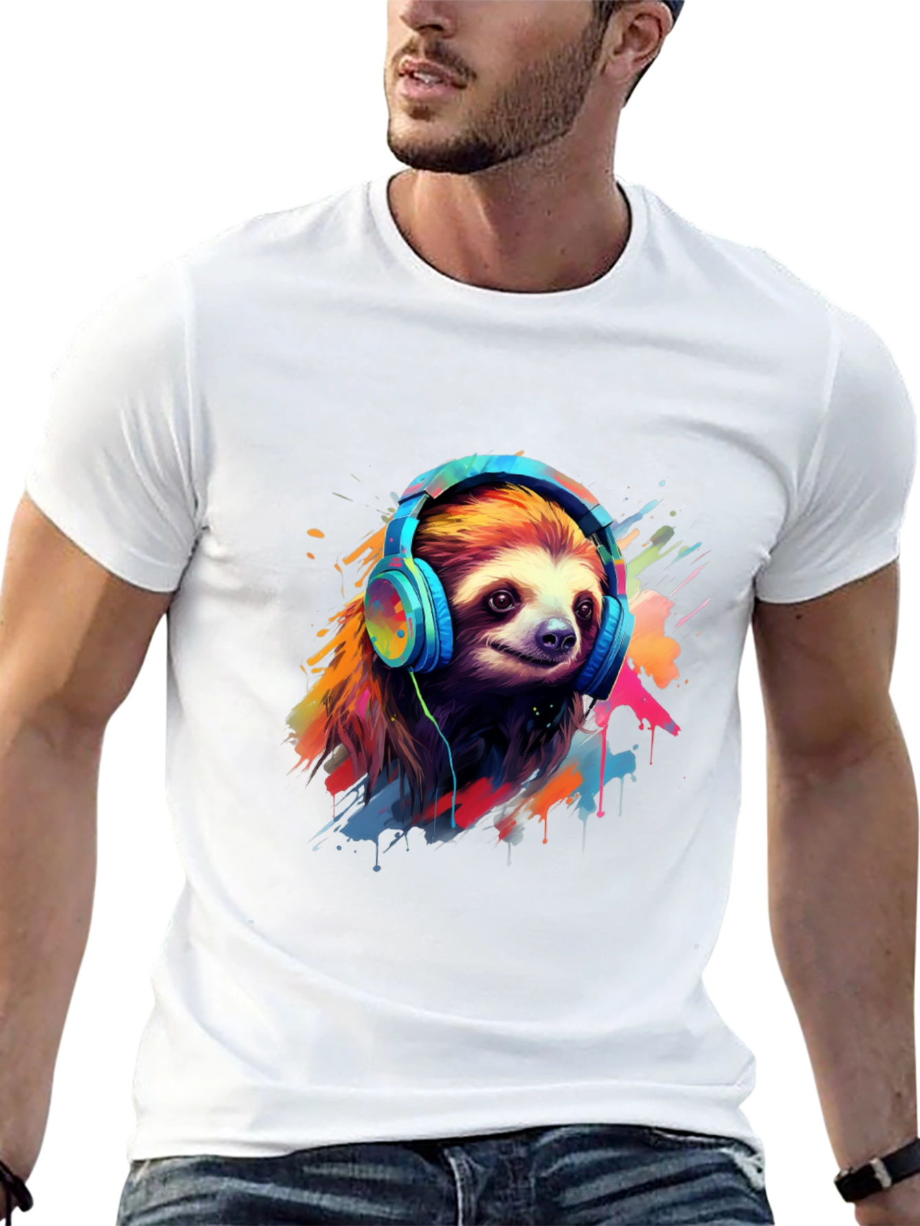 Black Sloth in Headphones Graphic Tee view 13