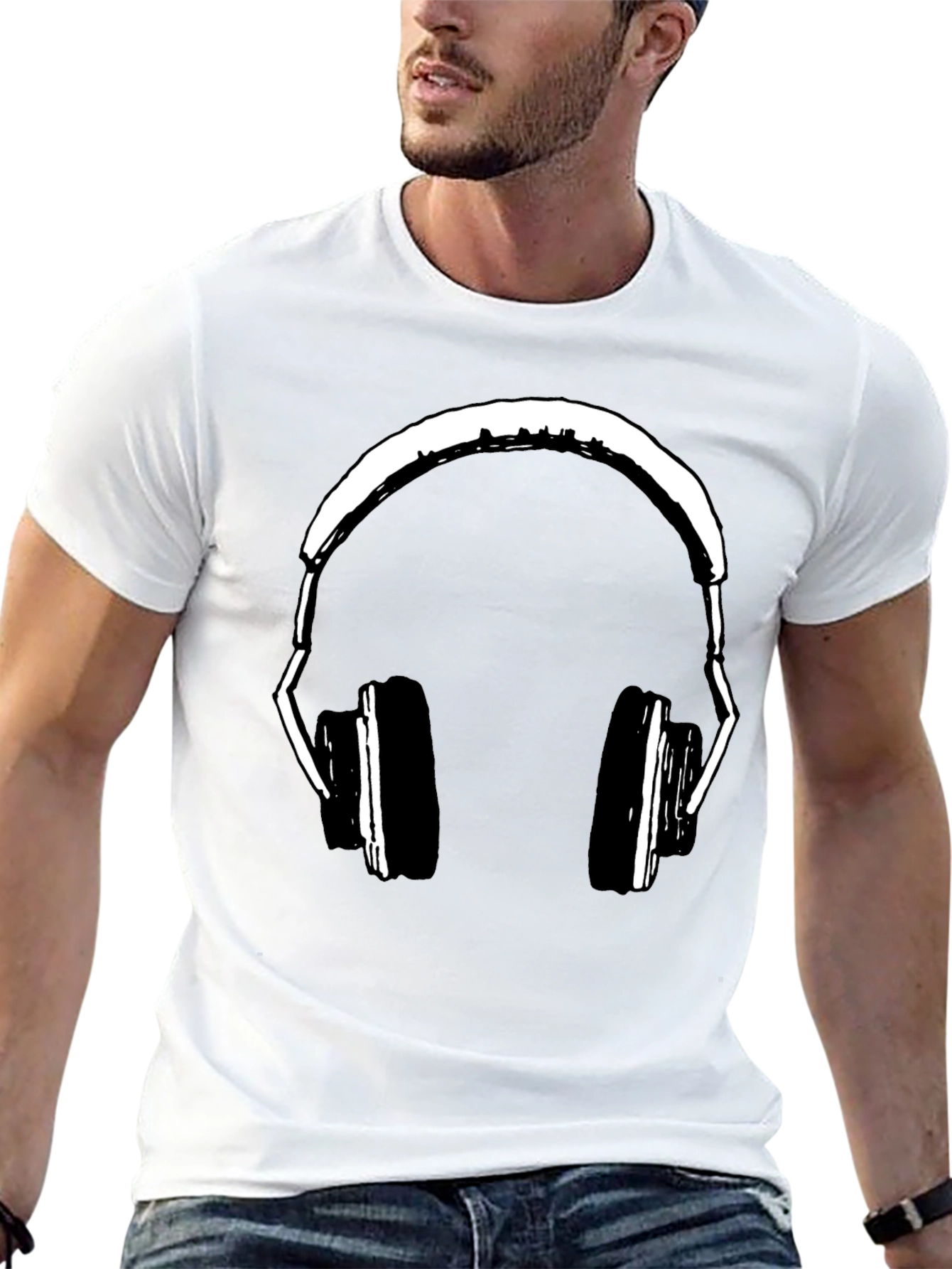 Black Headphones Graphic Print Black T-Shirt view 13