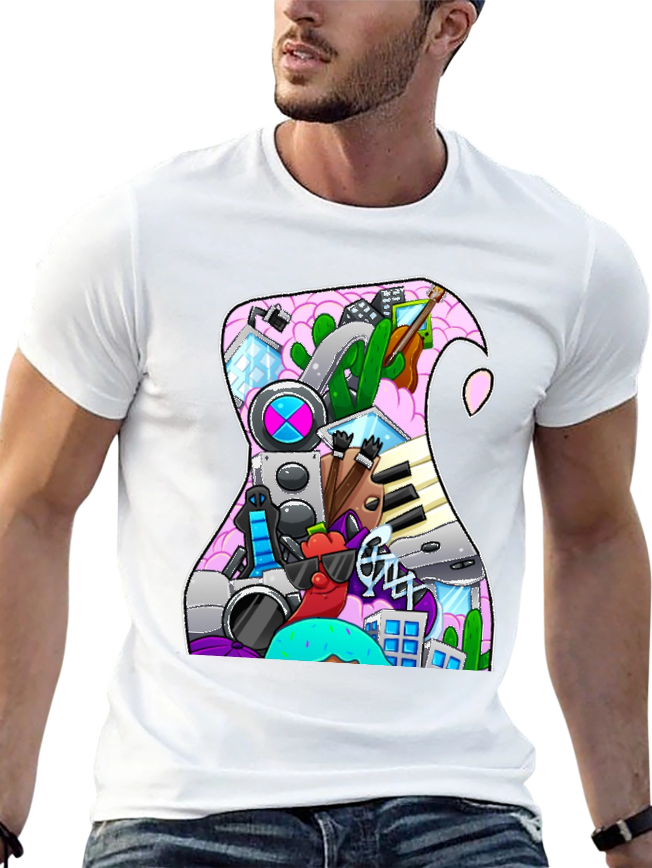 Black Doodle Guitar T-Shirt view 13