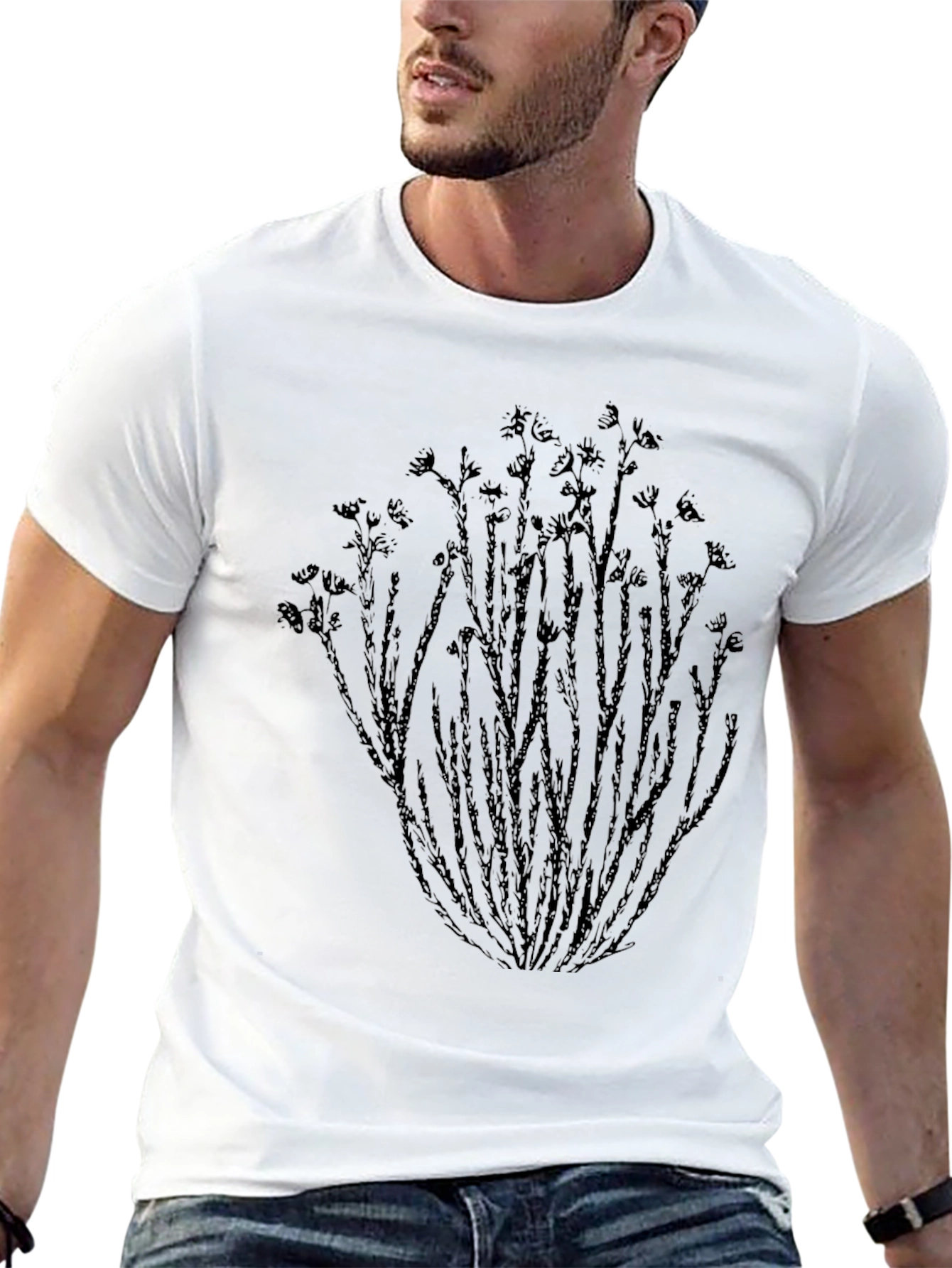 Black Men's Black T-Shirt with Floral Stem Design view 13