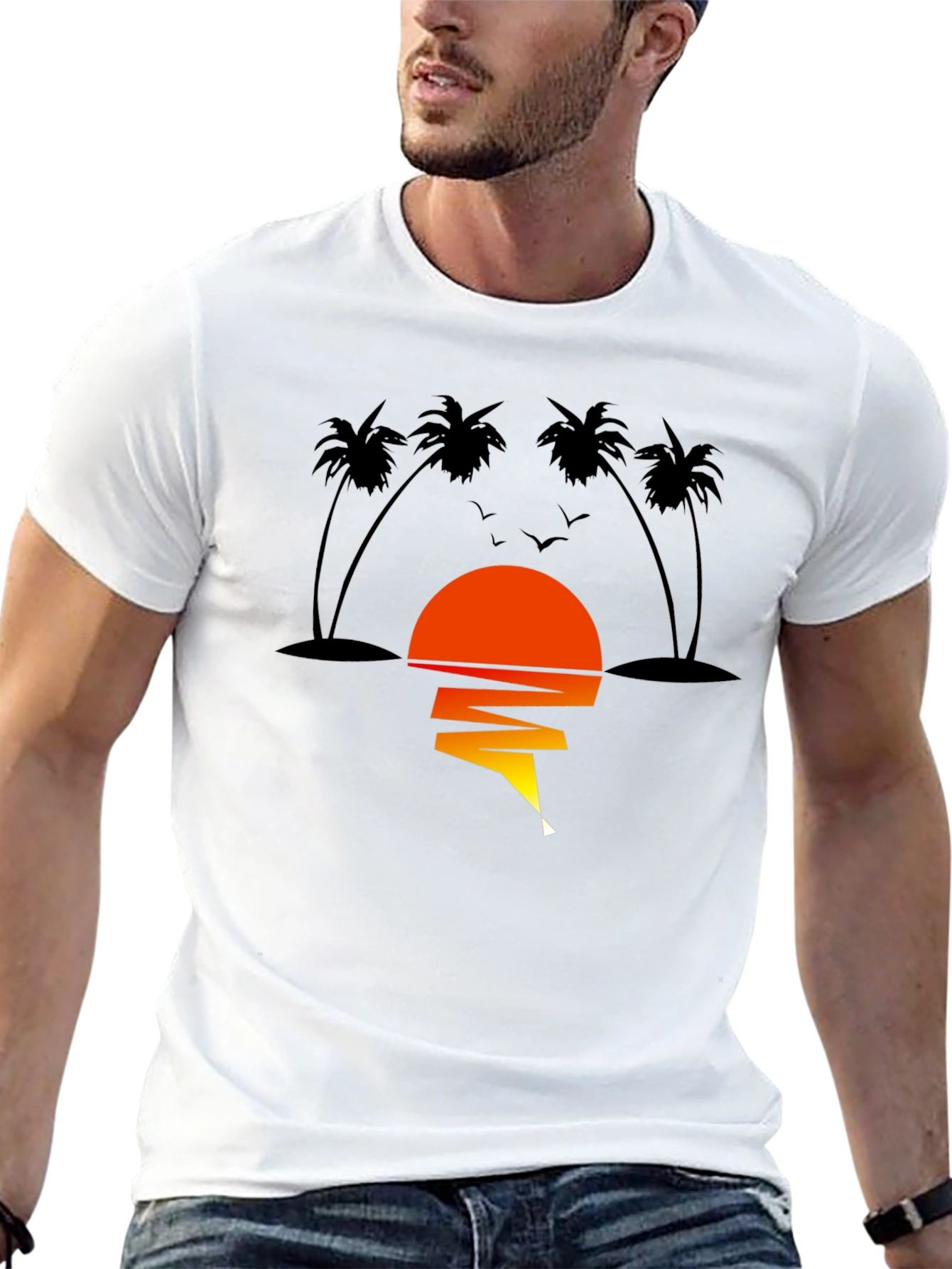 Sunset Palm Tree Graphic Tee - Men's Black T-Shirt - 13