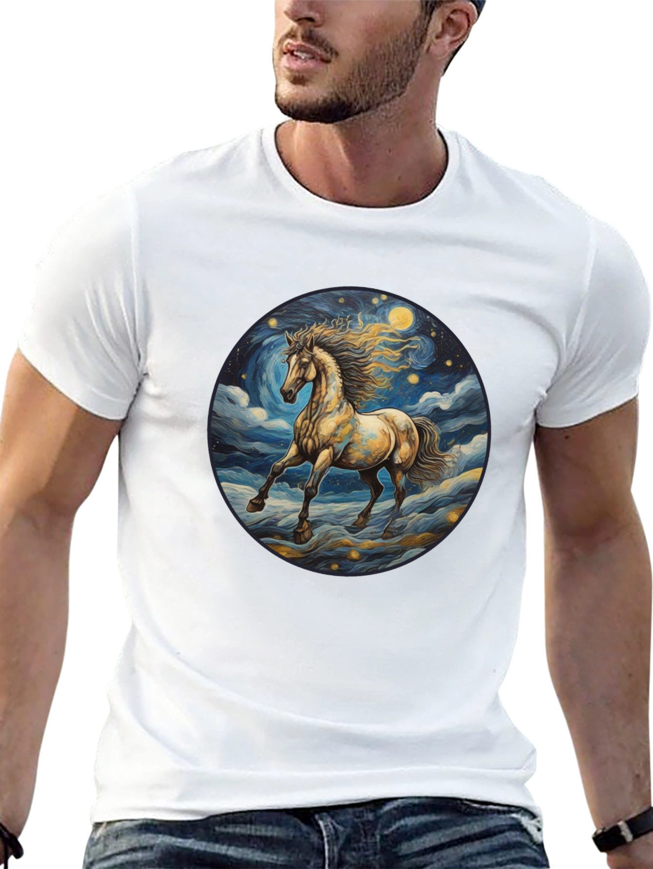 Black Starry Night Horse Graphic Tee - Black Cotton Comfort view 13