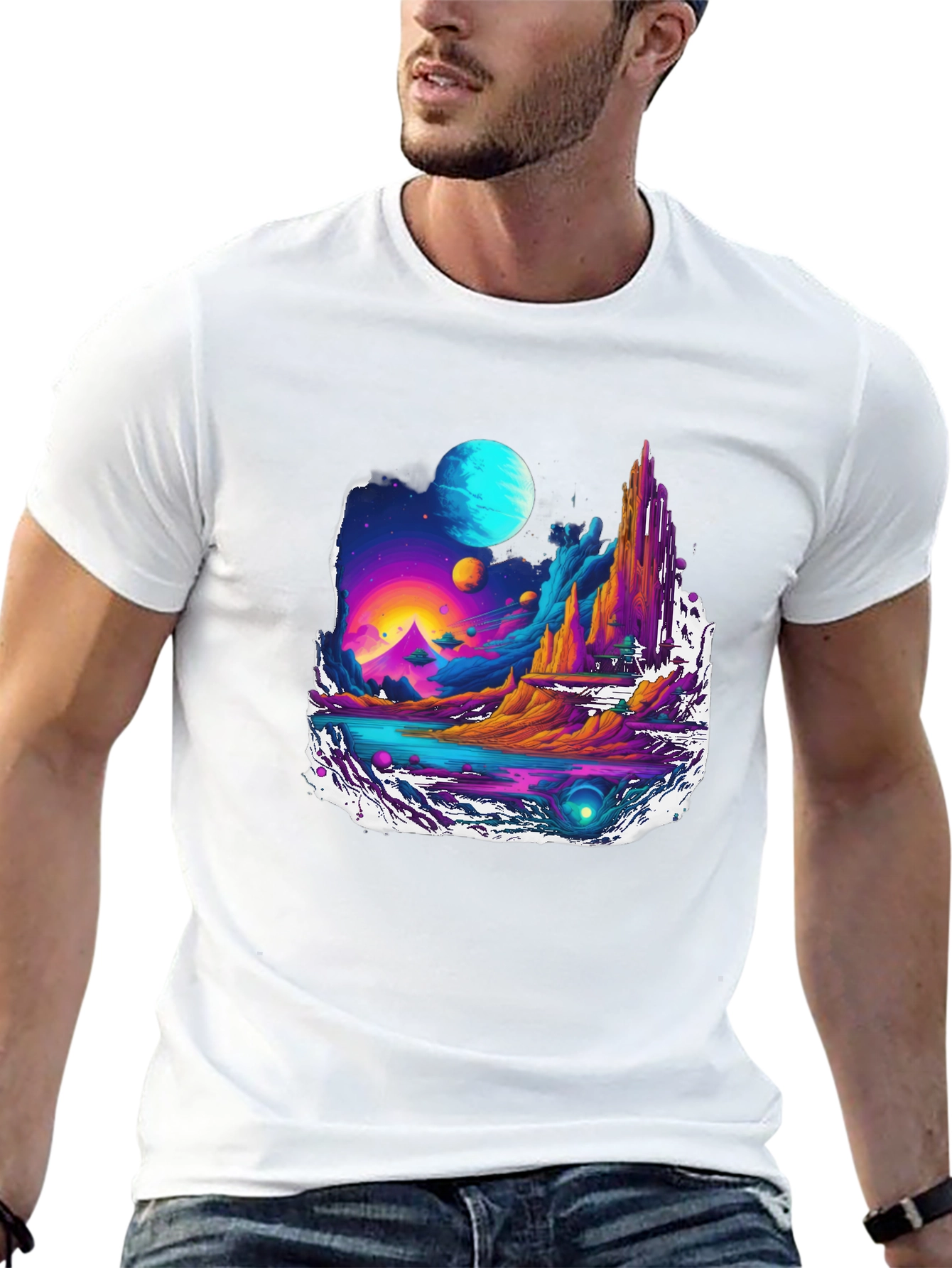Black Vibrant Sci-Fi Landscape Graphic Tee view 13