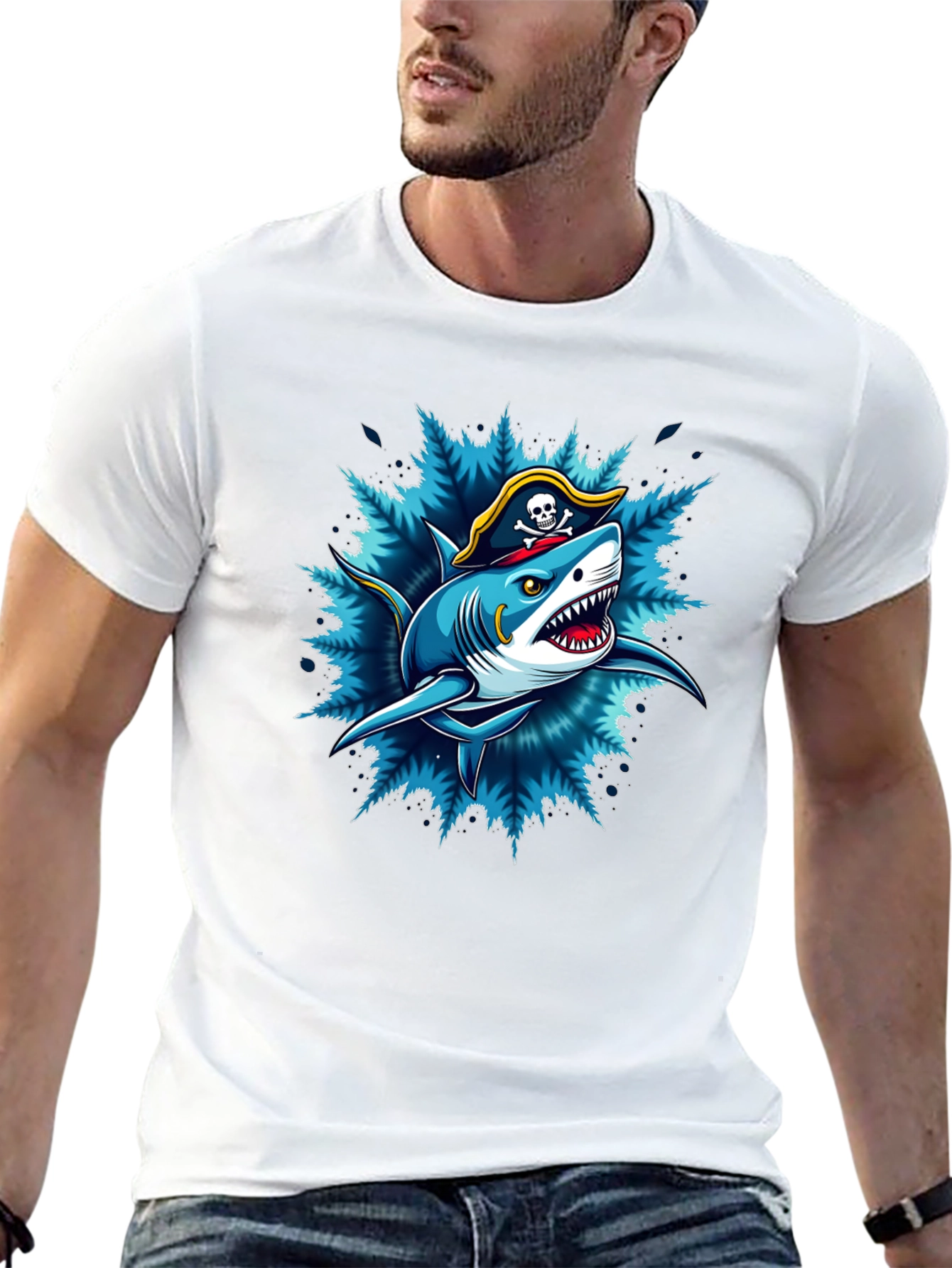 Black Pirate Shark Graphic Tee - Black Cotton T-Shirt view 13