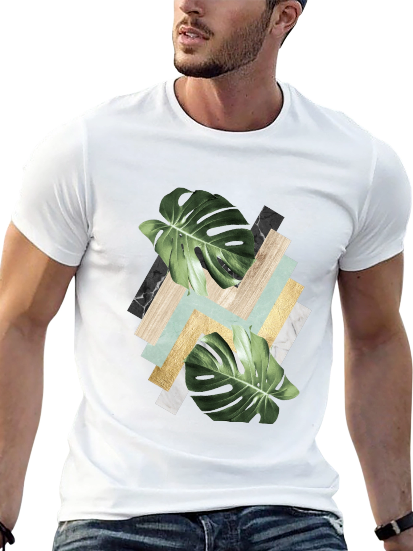 Black Tropical Leaf Geometric Print T-Shirt view 13