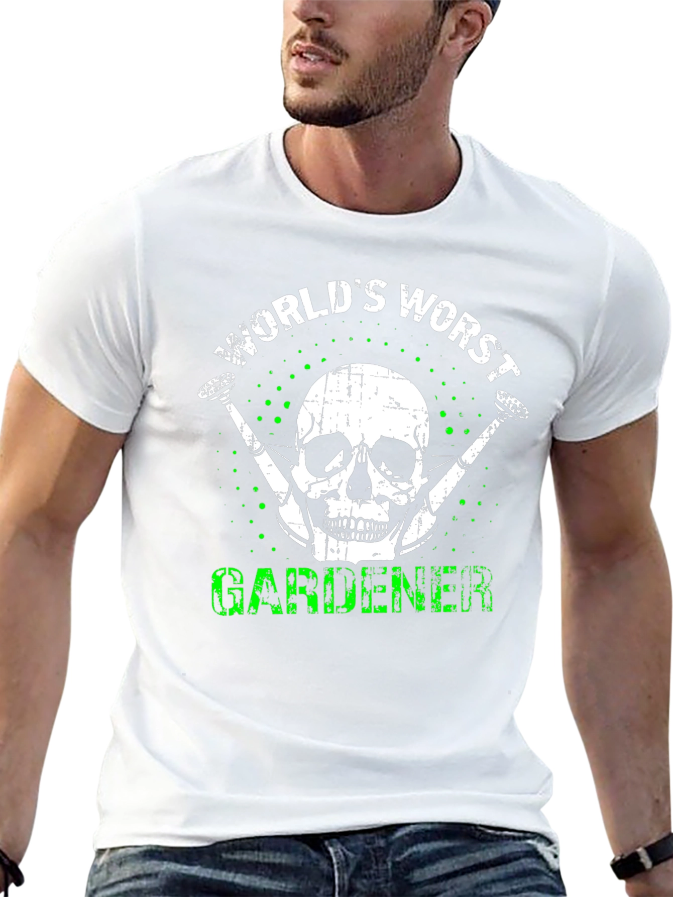 Black World's Worst Gardener T-Shirt - Skull & Watering Can Design view 13