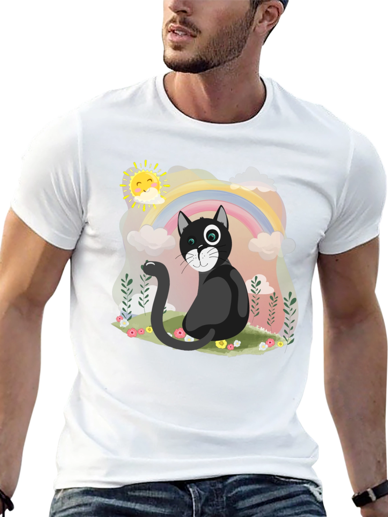 Black Whimsical Cat Rainbow T-Shirt view 13