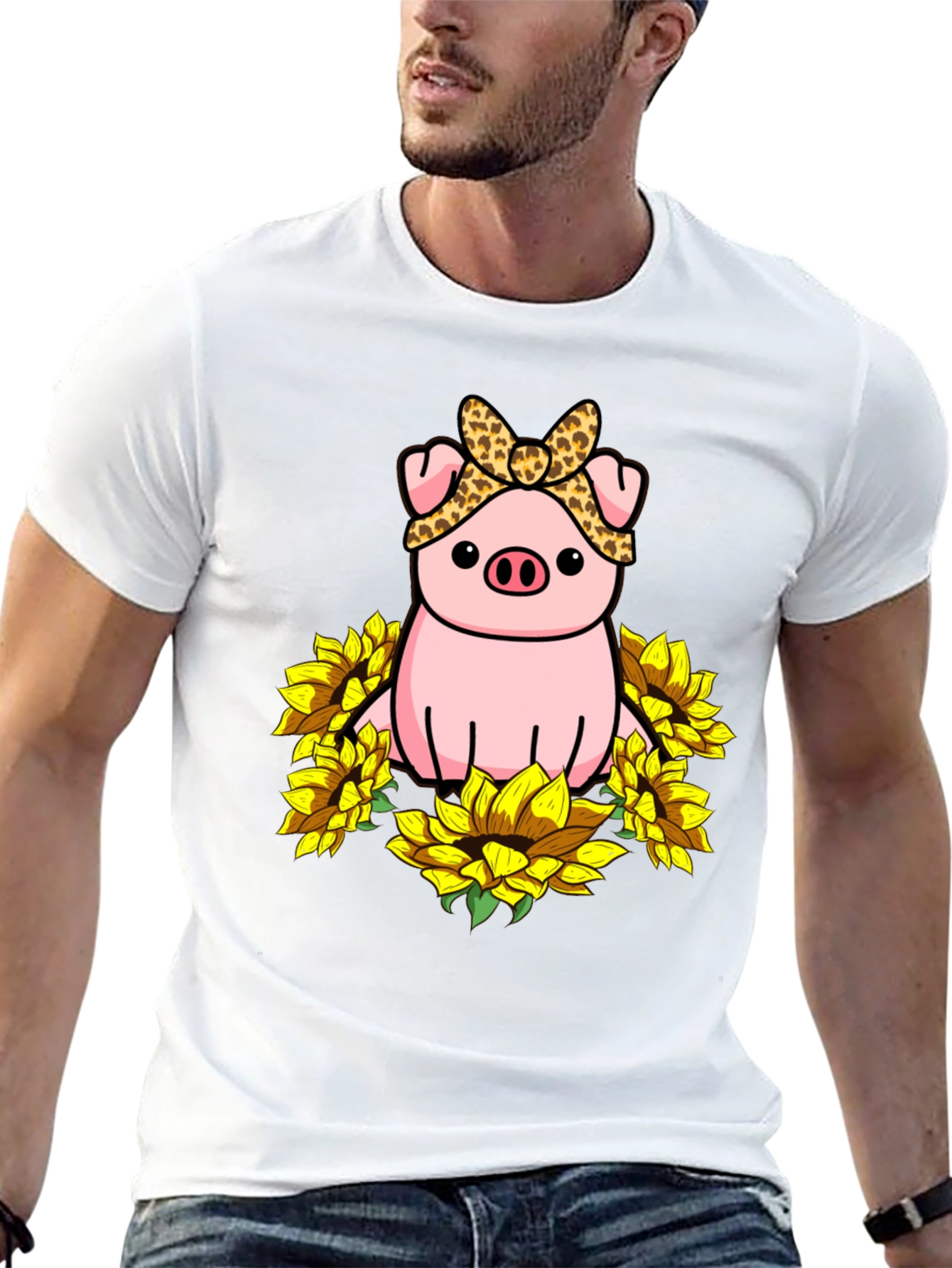Black Cute Pig Sunflower Graphic T-Shirt view 13