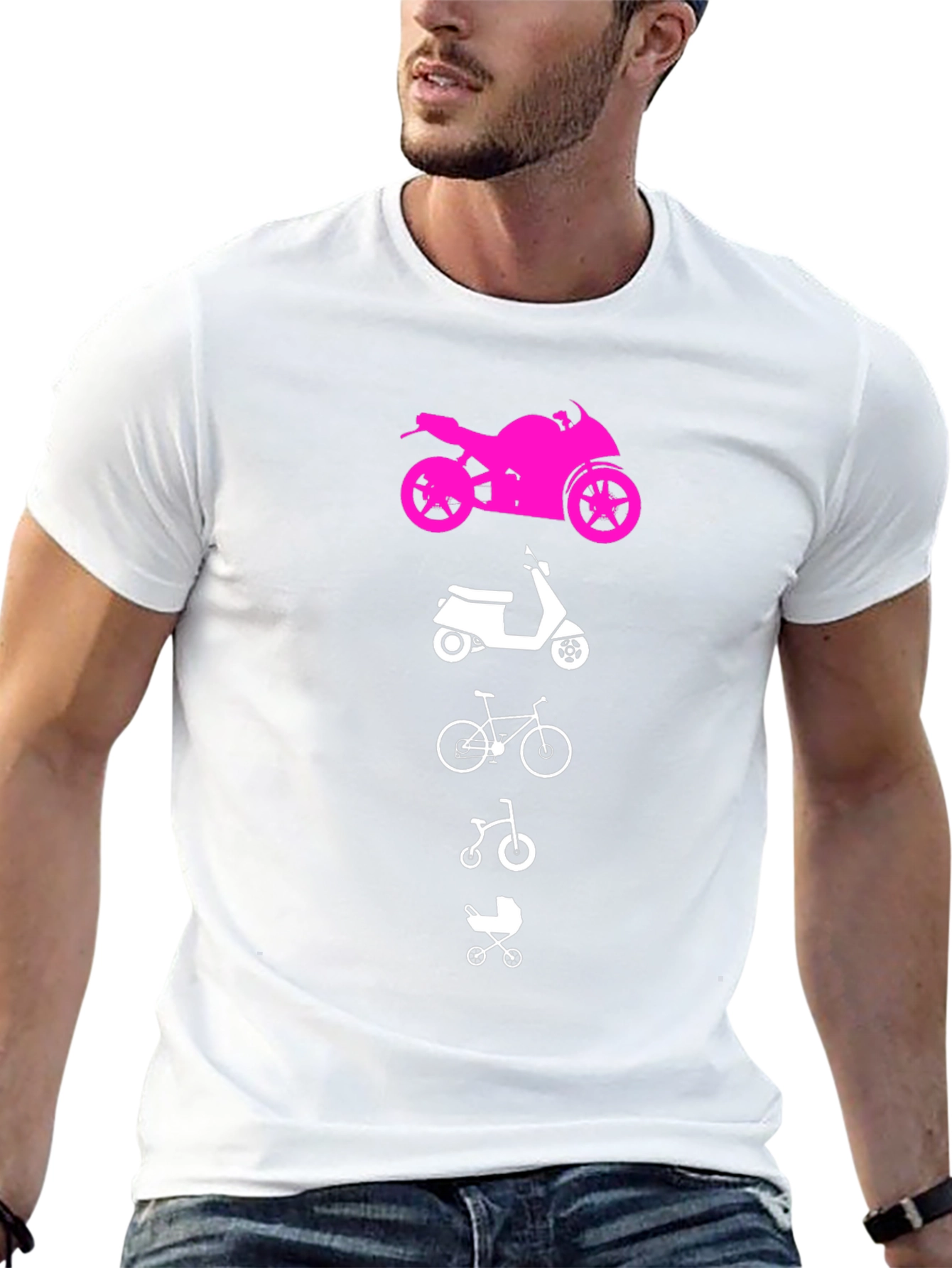 Black Evolution of Man Tee: Motorcycle, Scooter, Bike, Baby Carriage view 13