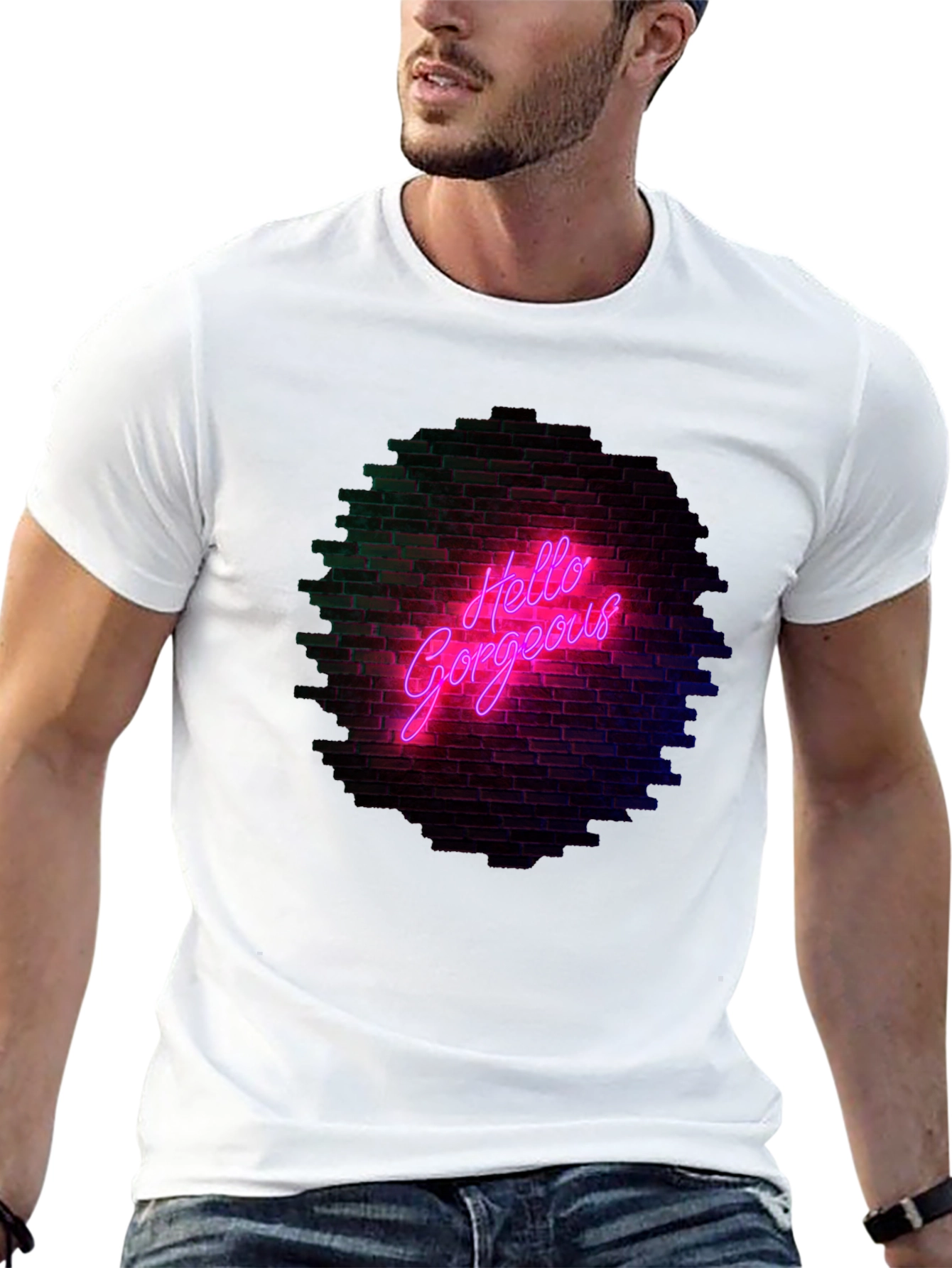 Black Hello Gorgeous Graphic Tee - Neon Brick Wall Design view 13