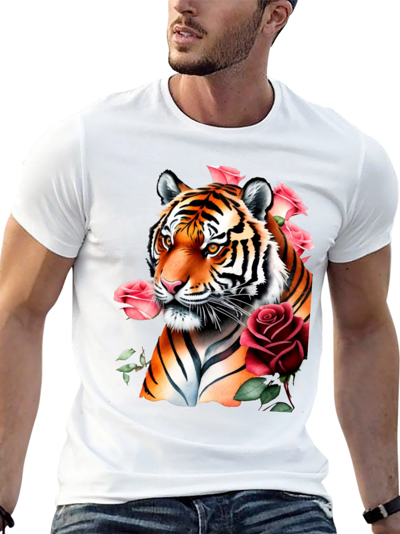 Black Tiger & Roses Graphic Print Black T-Shirt view 13