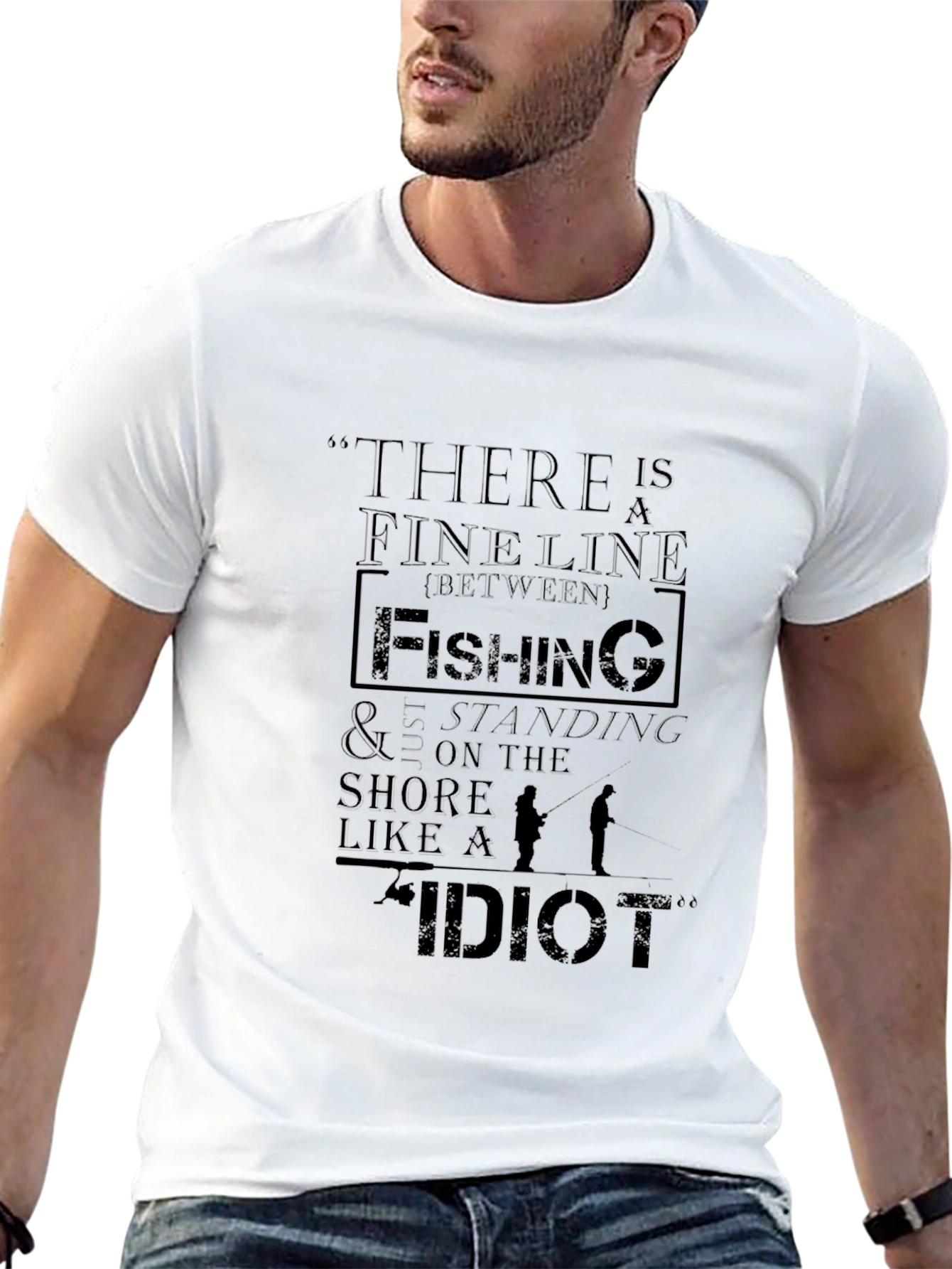 Black Funny Fishing T-Shirt - Fine Line Idiot Design view 13
