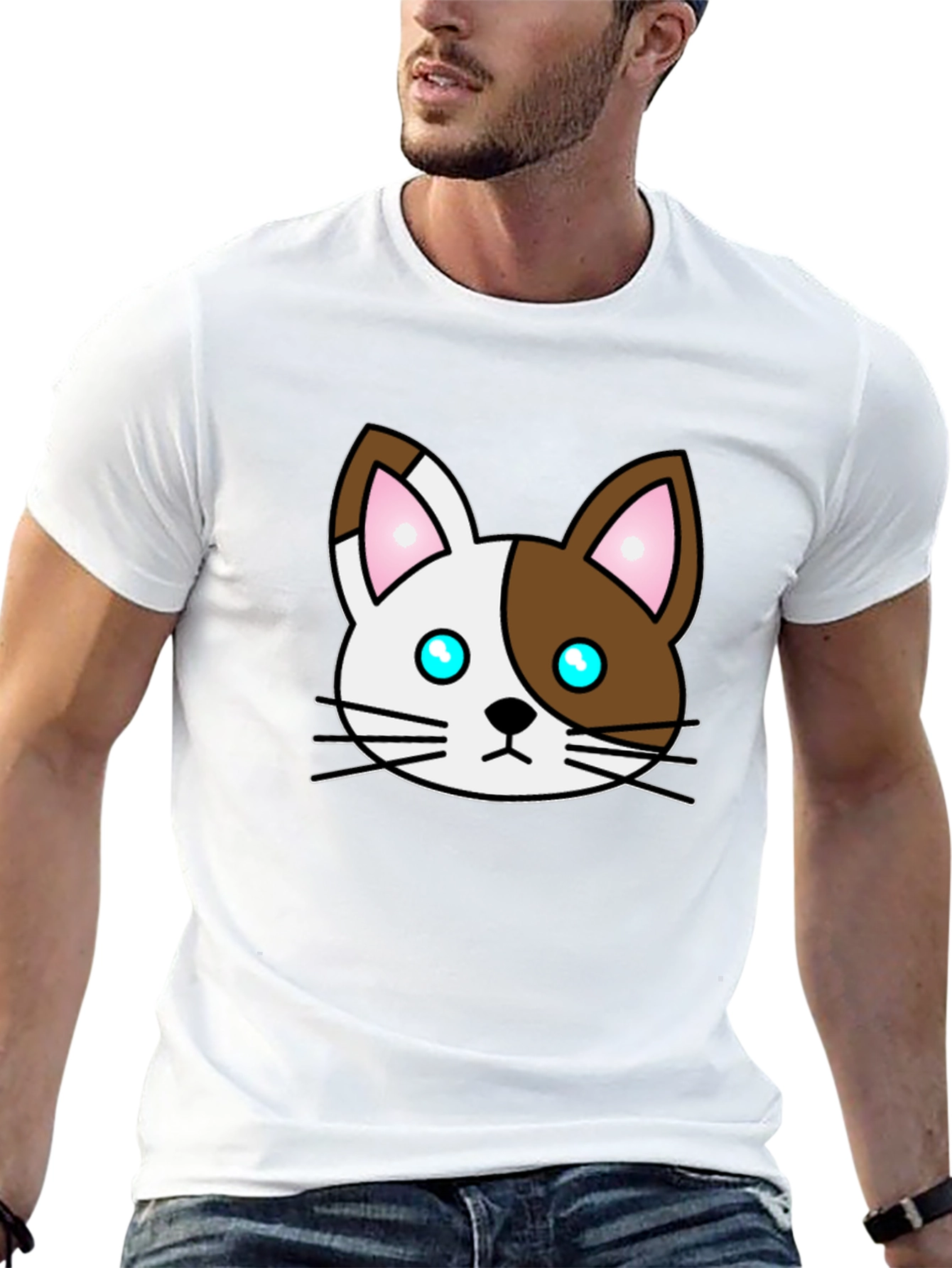 Cartoon Cat Face Graphic T-Shirt - Unisex Black Tee - 13