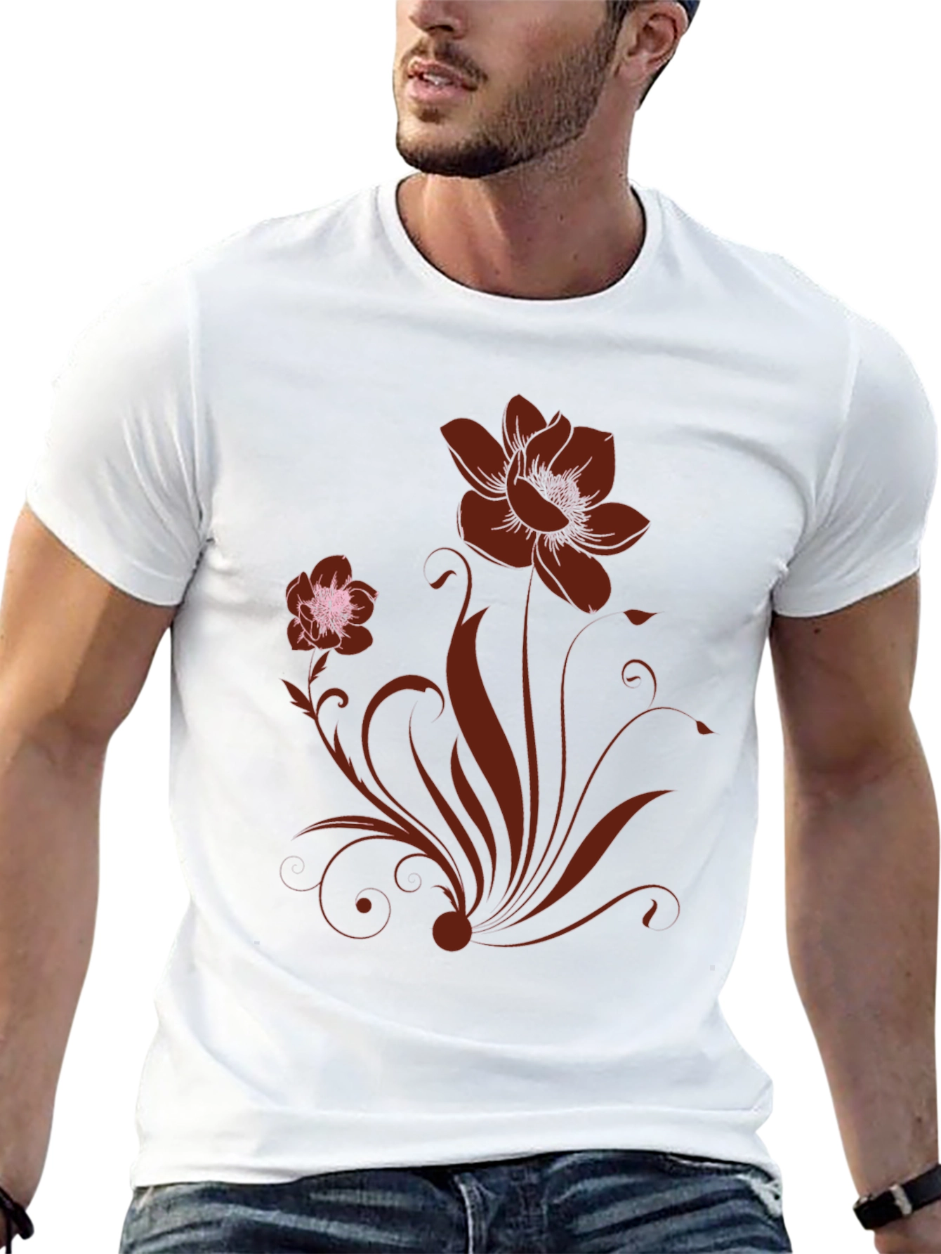 Black Floral Print Black Crew Neck T-Shirt view 13