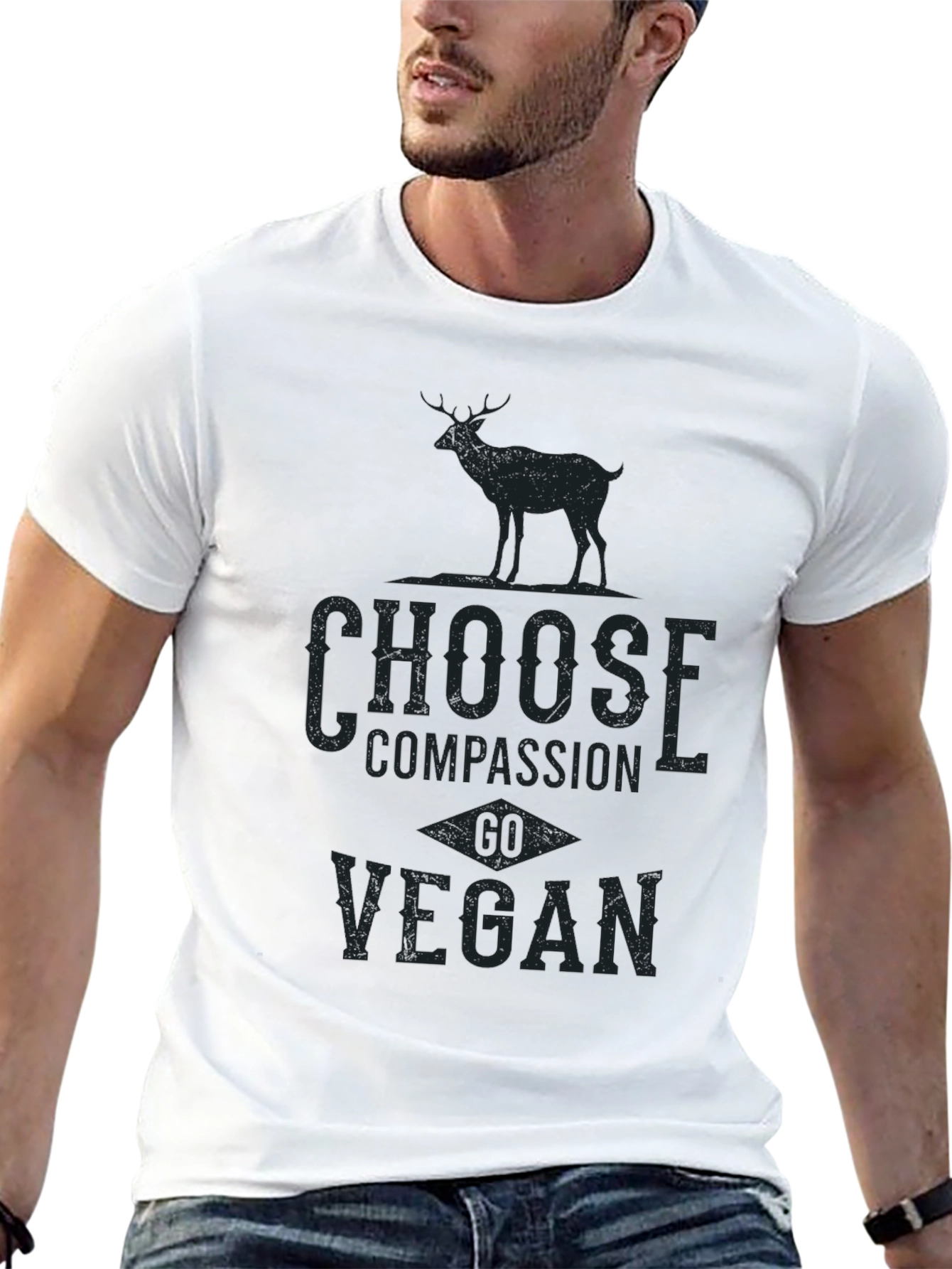 Black Vegan Compassion Tee - Deer Graphic Print T-Shirt view 13