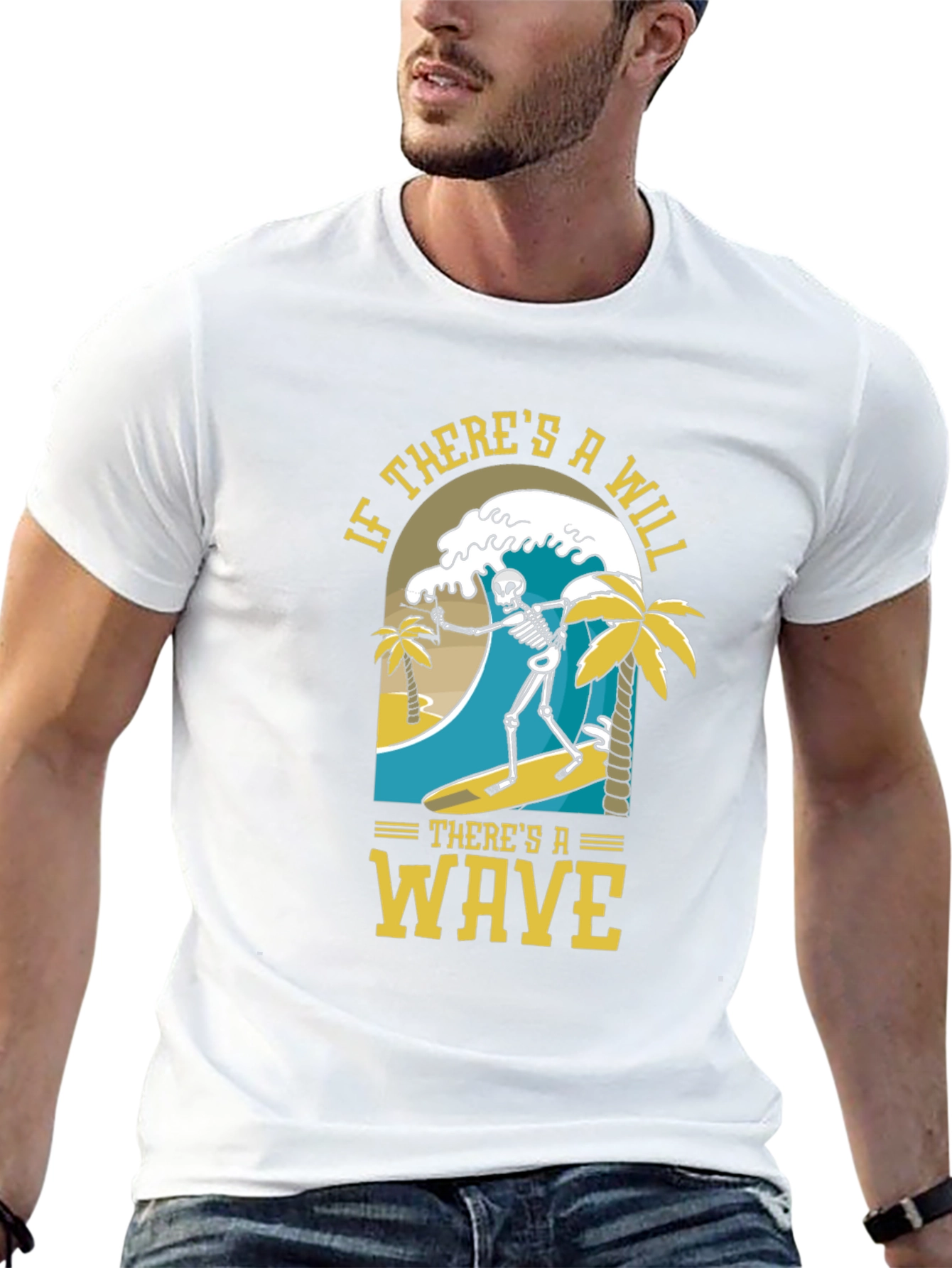 Black Surfing Skeleton Graphic Tee - "If There's A Will, There's A Wave" view 13
