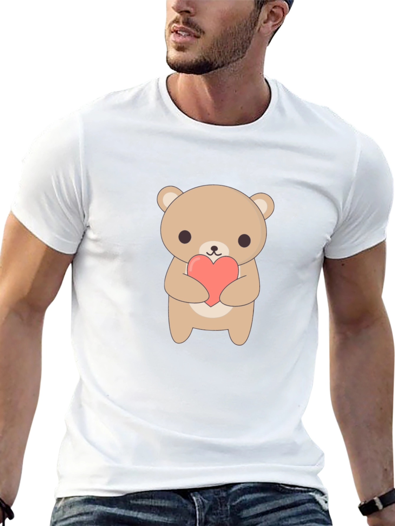 Black Cute Bear Holding Heart Black T-Shirt view 13