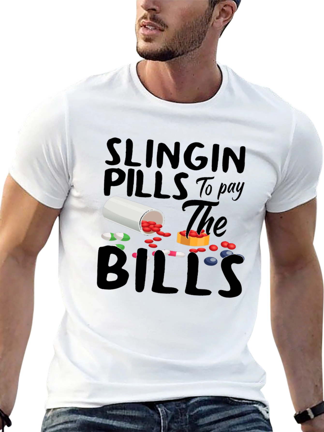 Black Slingin' Pills Graphic Tee - Funny Pharmacy T-Shirt view 13