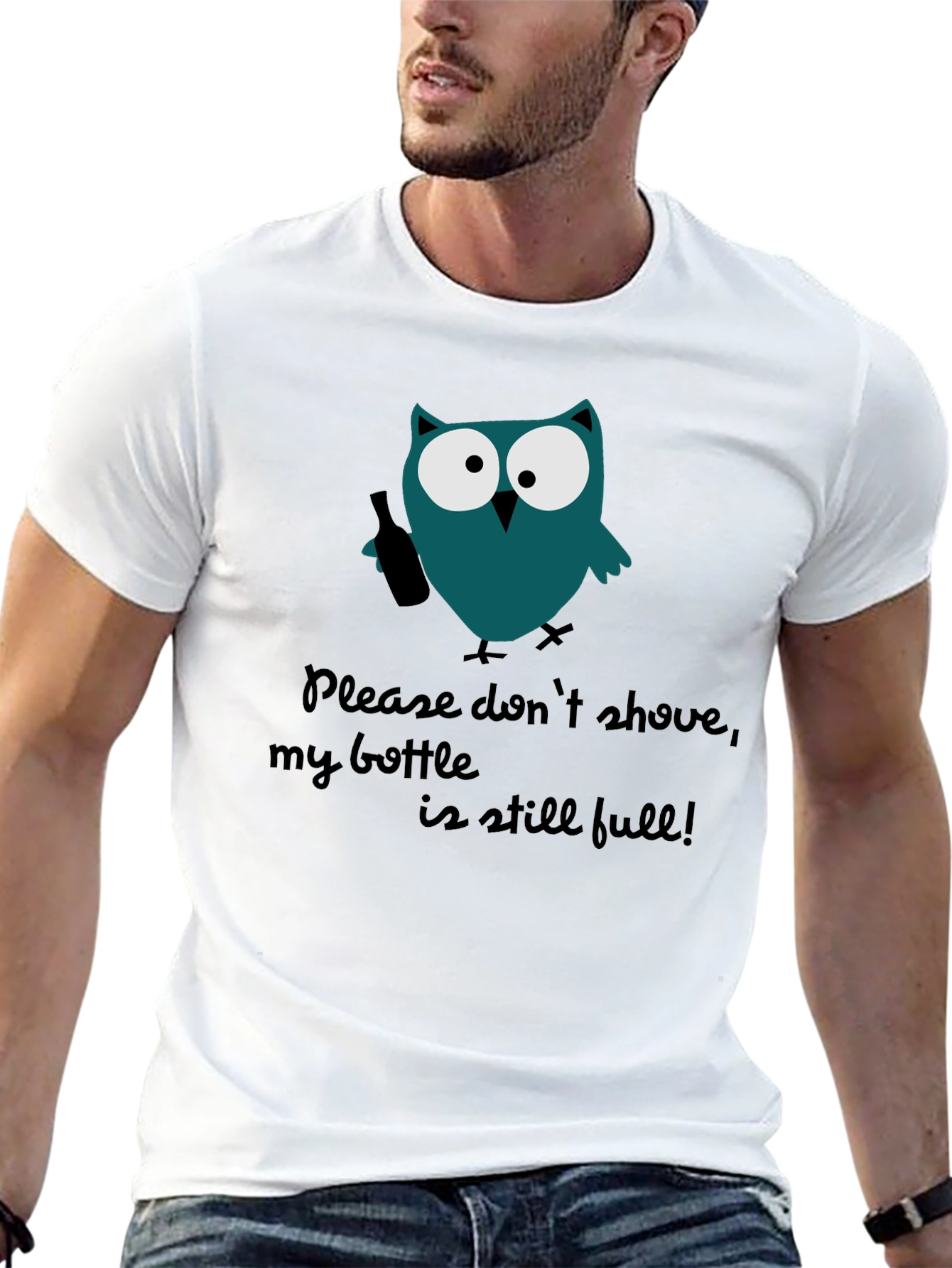 Black Funny Owl Bottle Graphic Men's T-Shirt view 13