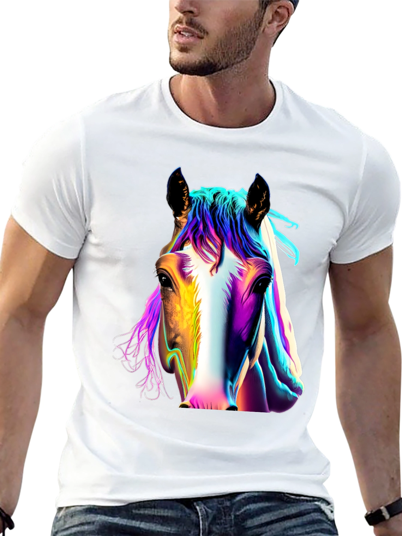 Colorful Horse Graphic Black T-Shirt - 13