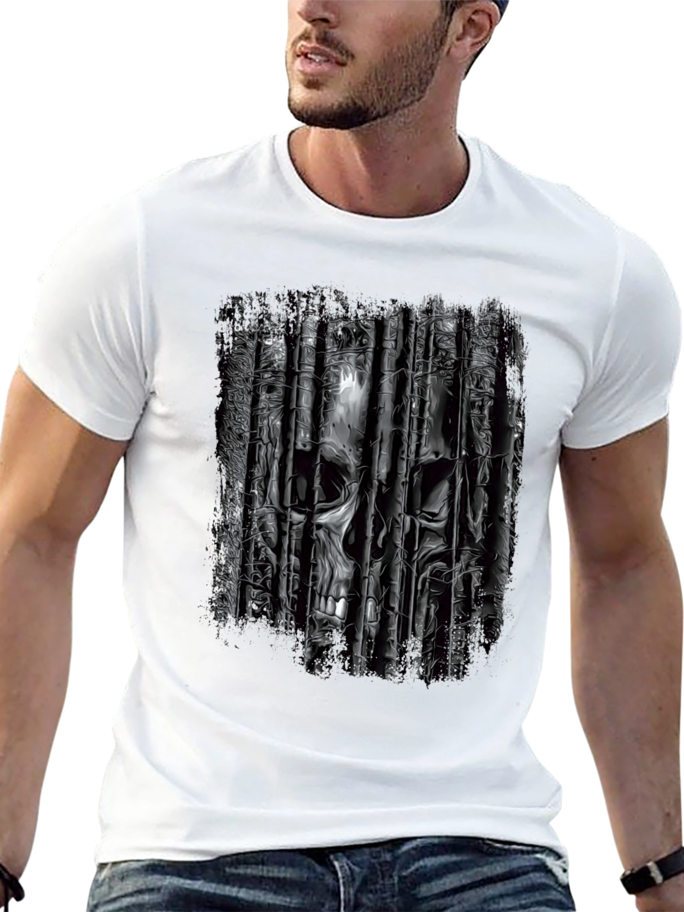 Black Skull Bars Graphic T-Shirt - Edgy Black Tee view 13