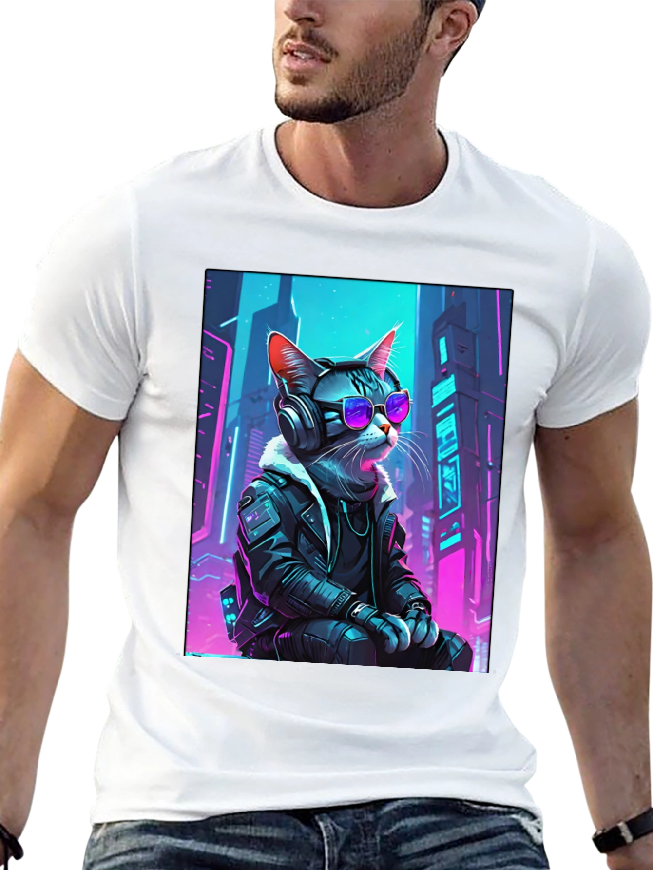 Black Cyberpunk Cat T-Shirt - Cool Neon Design view 13
