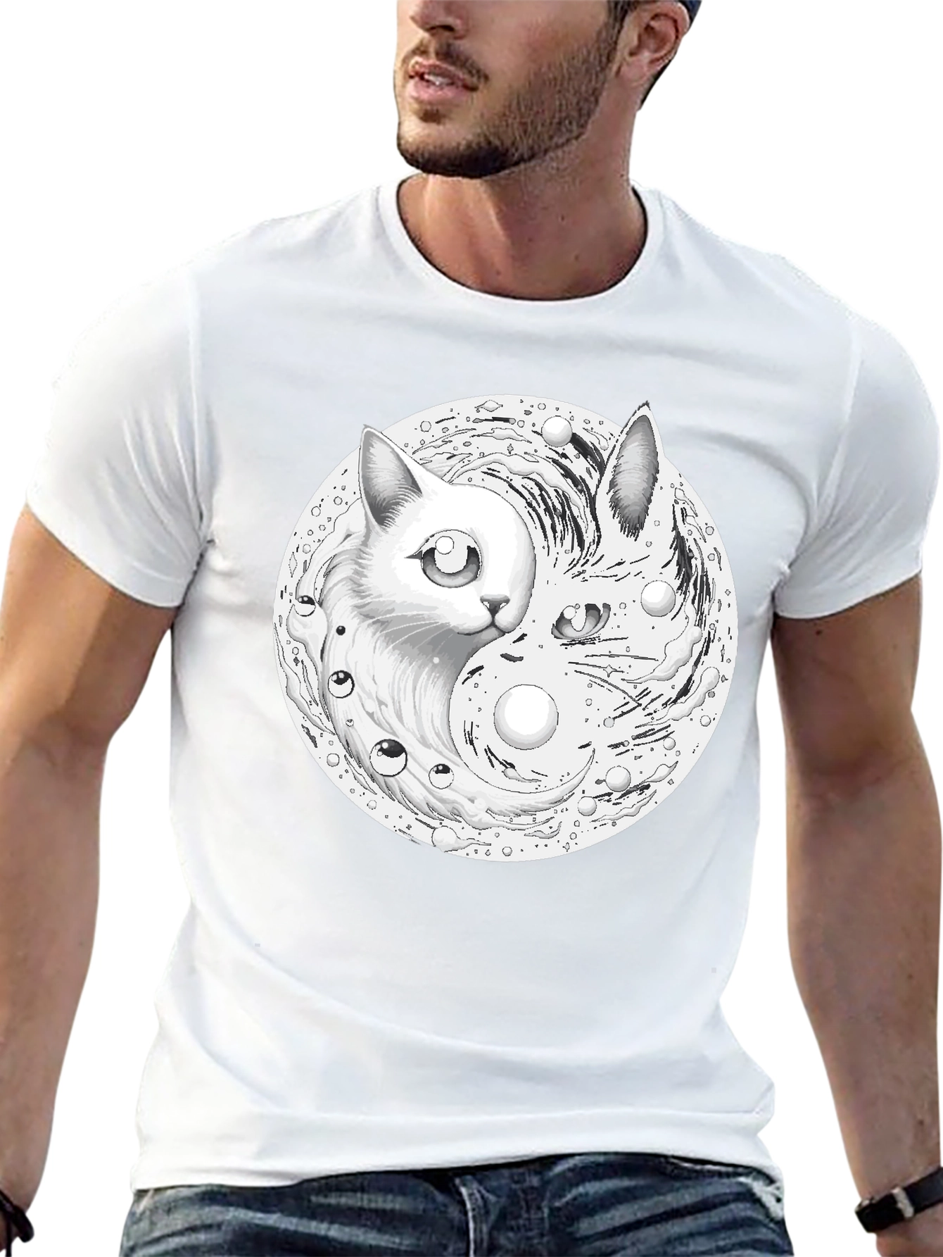 Black Yin Yang Cat Graphic Tee view 13