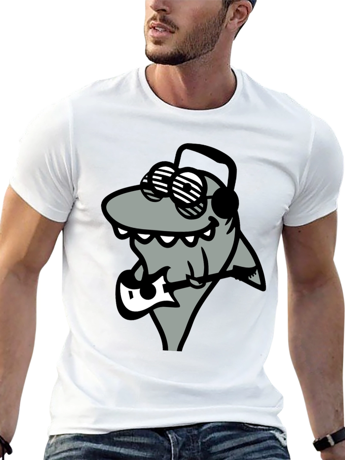 Black Cool Shark Guitarist Graphic Tee view 13