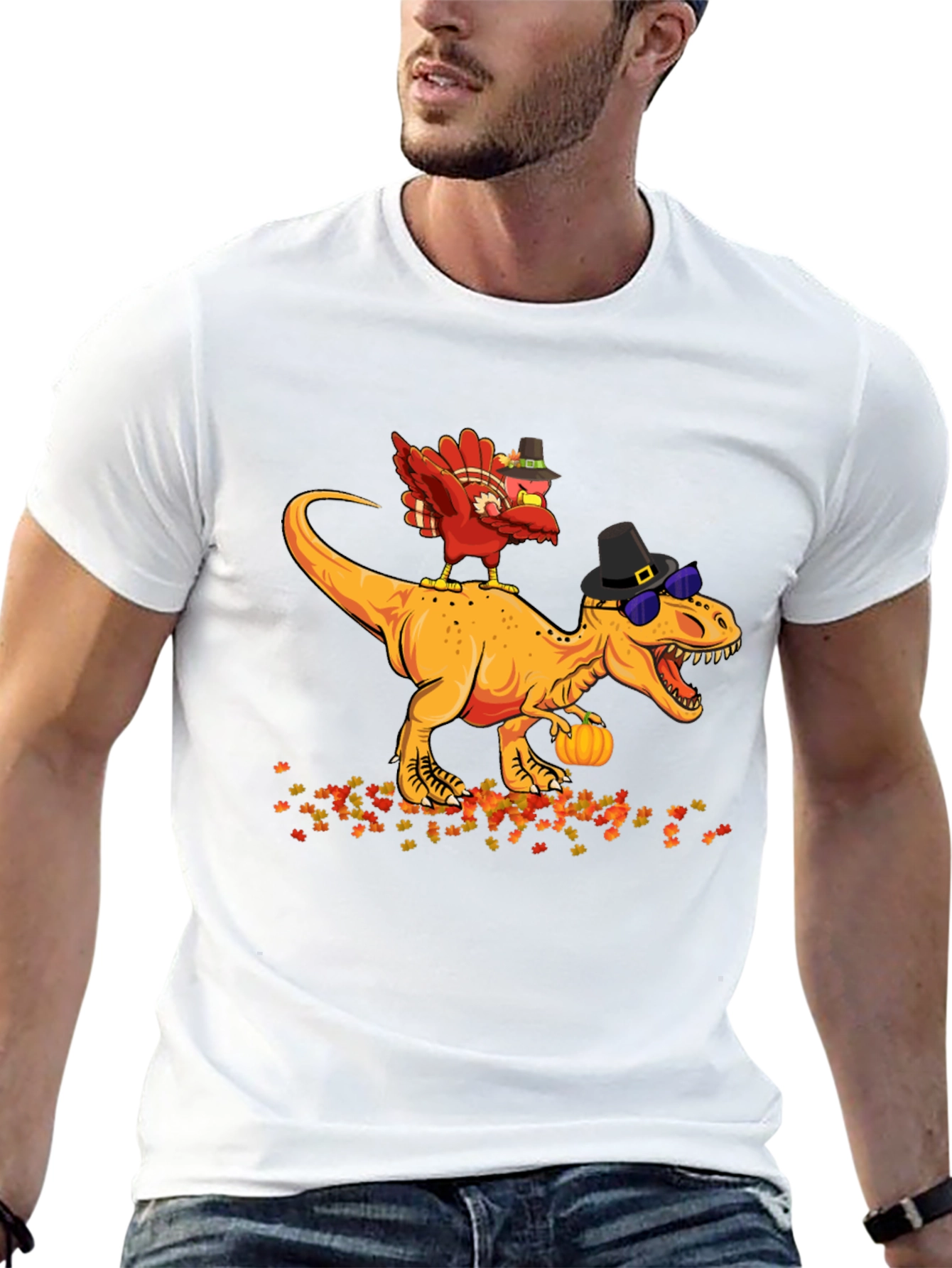 Black Thanksgiving Turkey Riding Dinosaur T-Shirt view 13