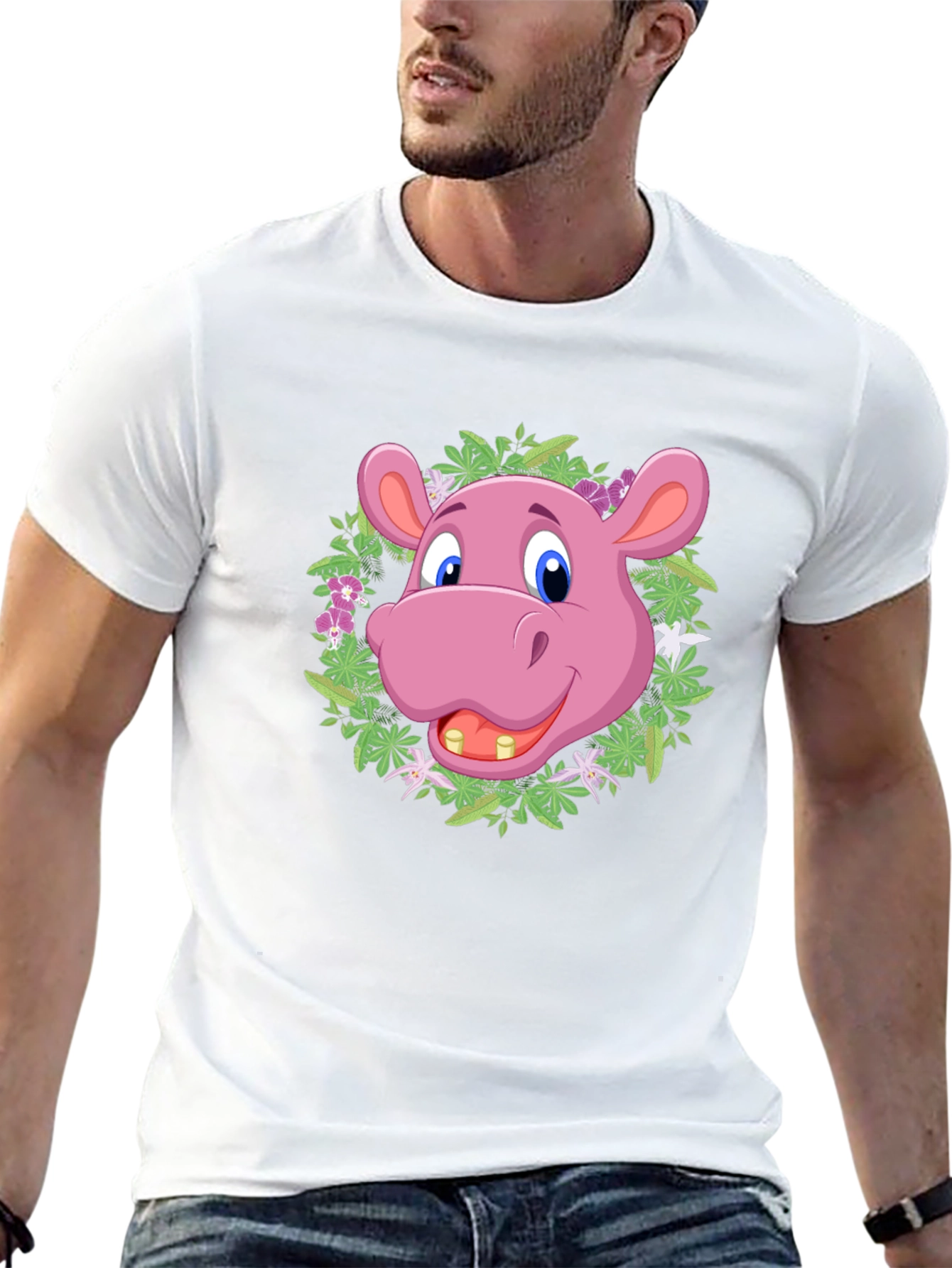 Black Cartoon Hippo Floral Wreath T-Shirt view 13