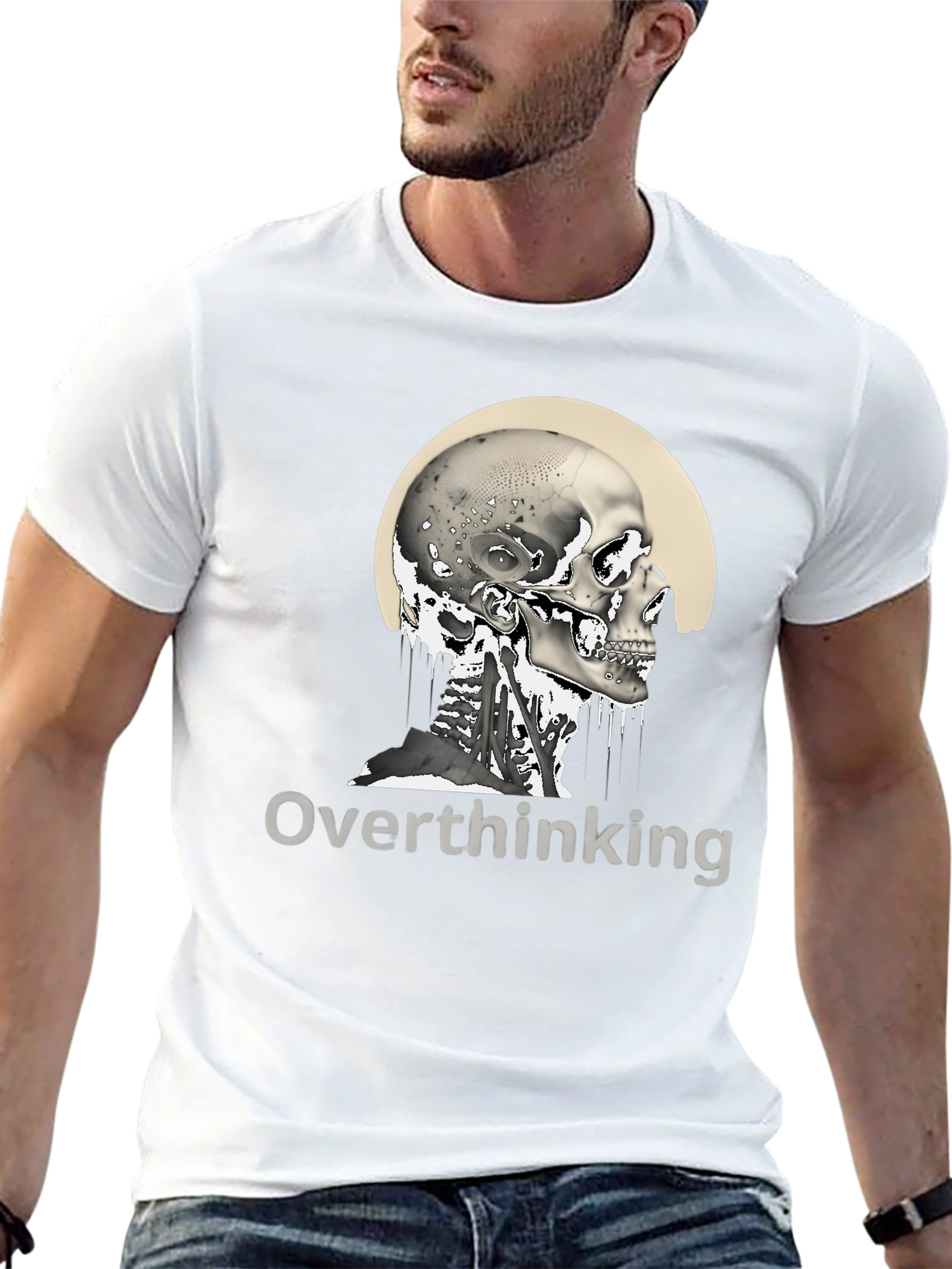Black Overthinking Skull Graphic T-Shirt - Unisex Black Tee view 13