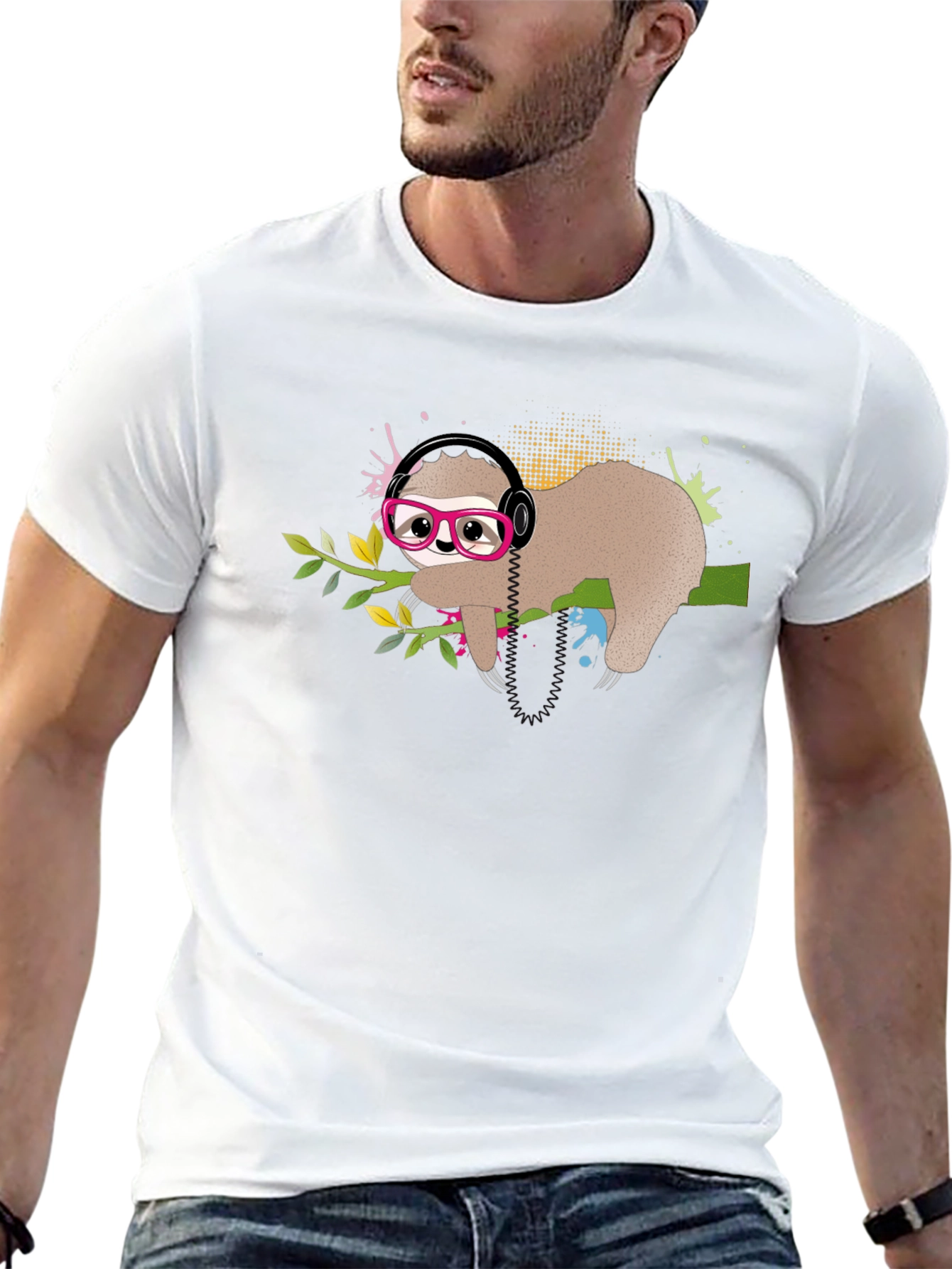 Black Sloth in Glasses T-Shirt, Cool Headphones Graphic Tee view 13