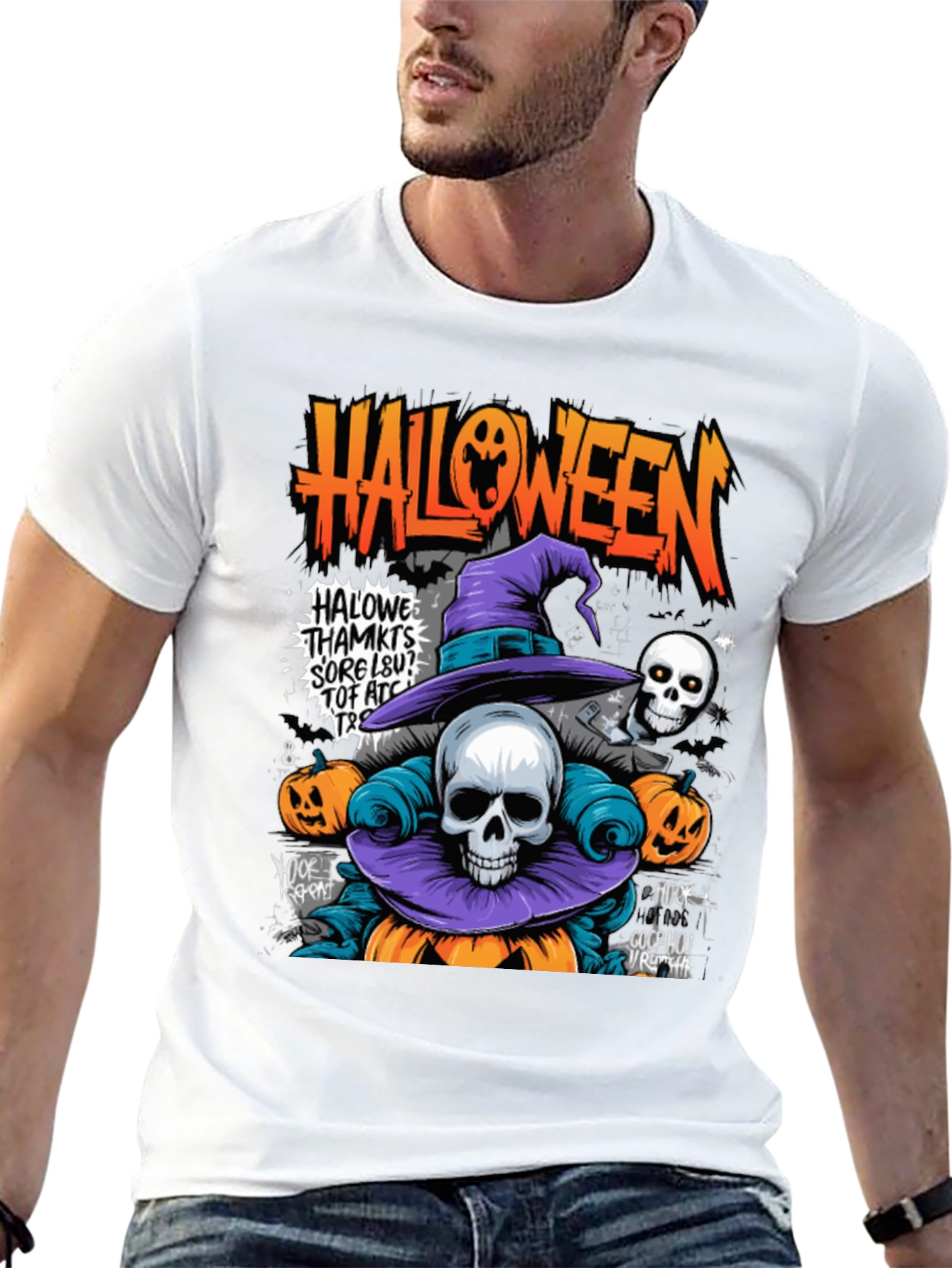 Black Halloween Skull Pumpkin Graphic Tee view 13