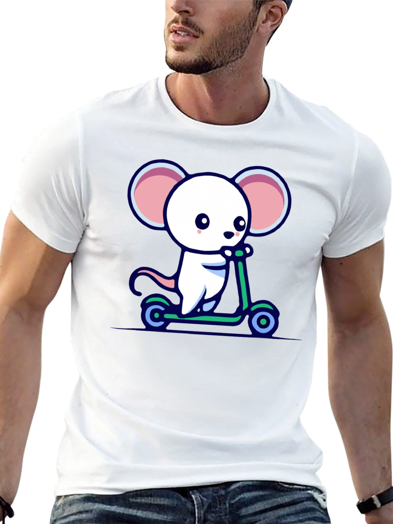 Black Cute Mouse Scooter Ride Graphic Tee - Black Cotton Comfort view 13