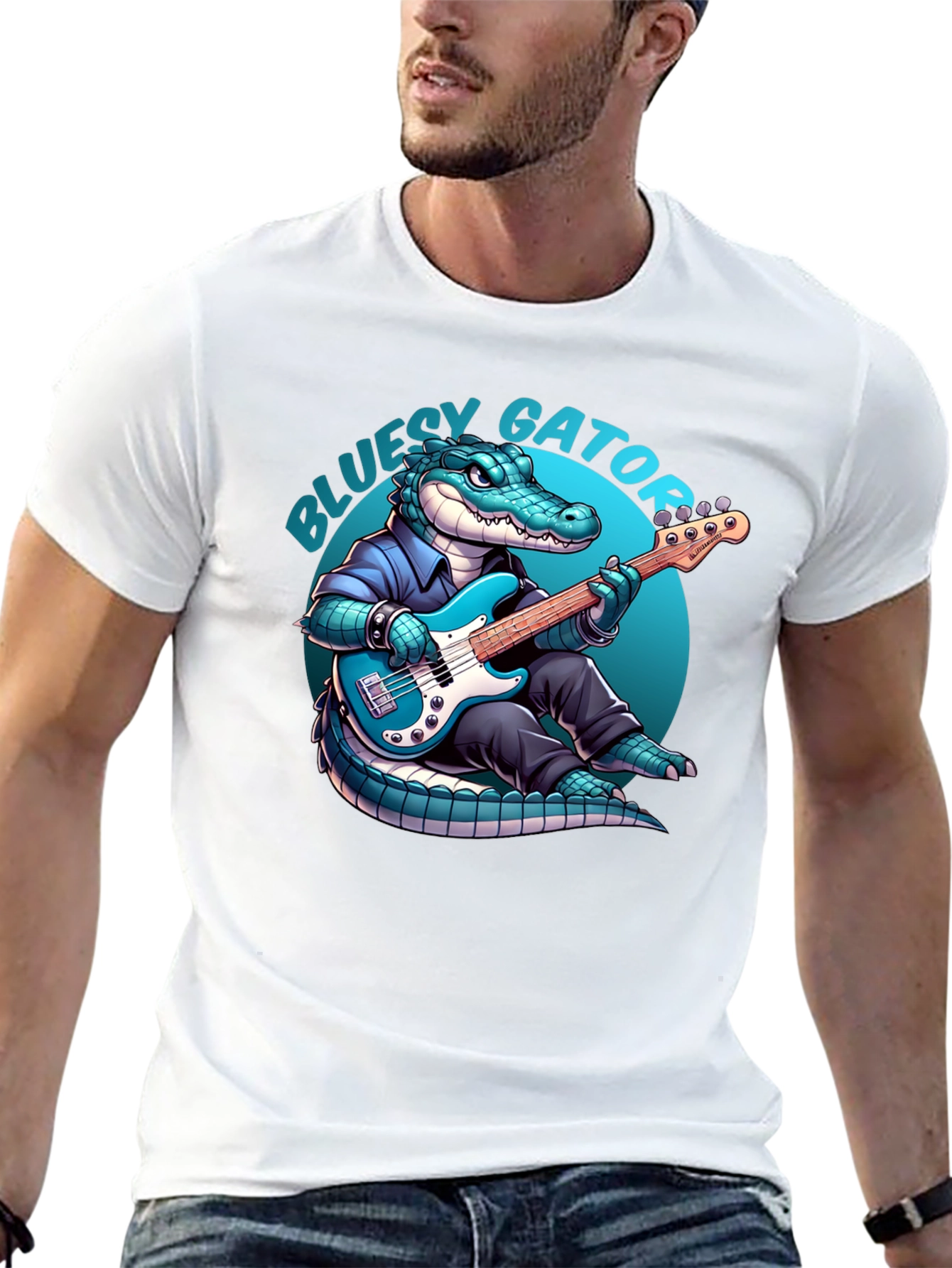 Black Bluesy Gator T-Shirt: Alligator Playing Bass Guitar view 13