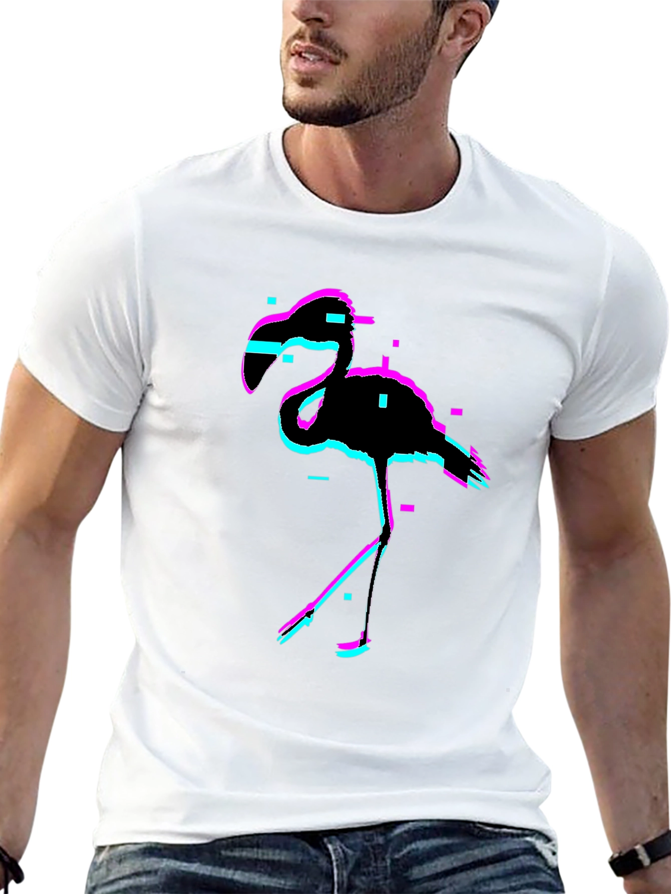 Black Glitch Flamingo Black T-Shirt view 13