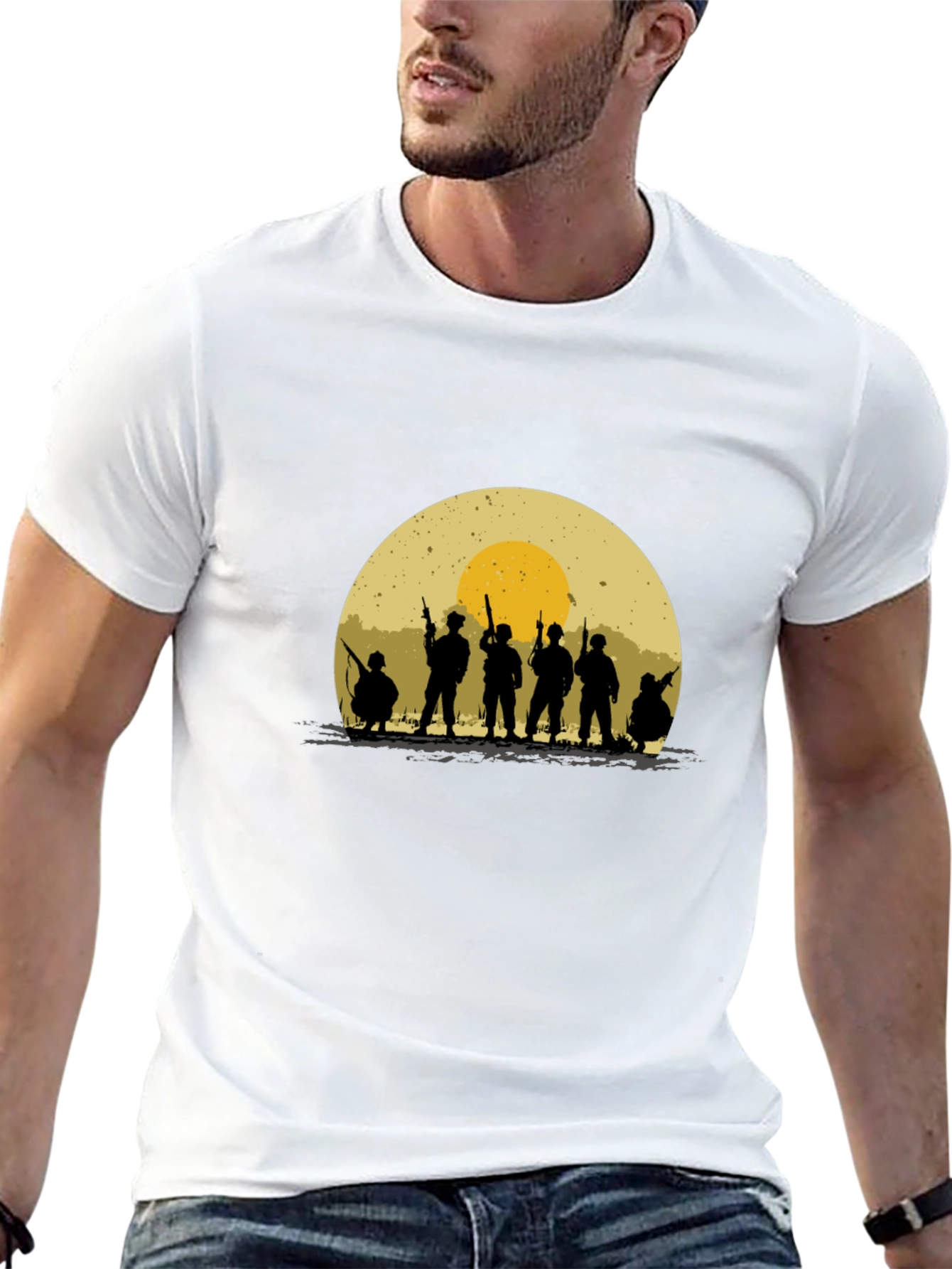 Black Silhouette Soldier T-Shirt - Retro Sunset Design view 13
