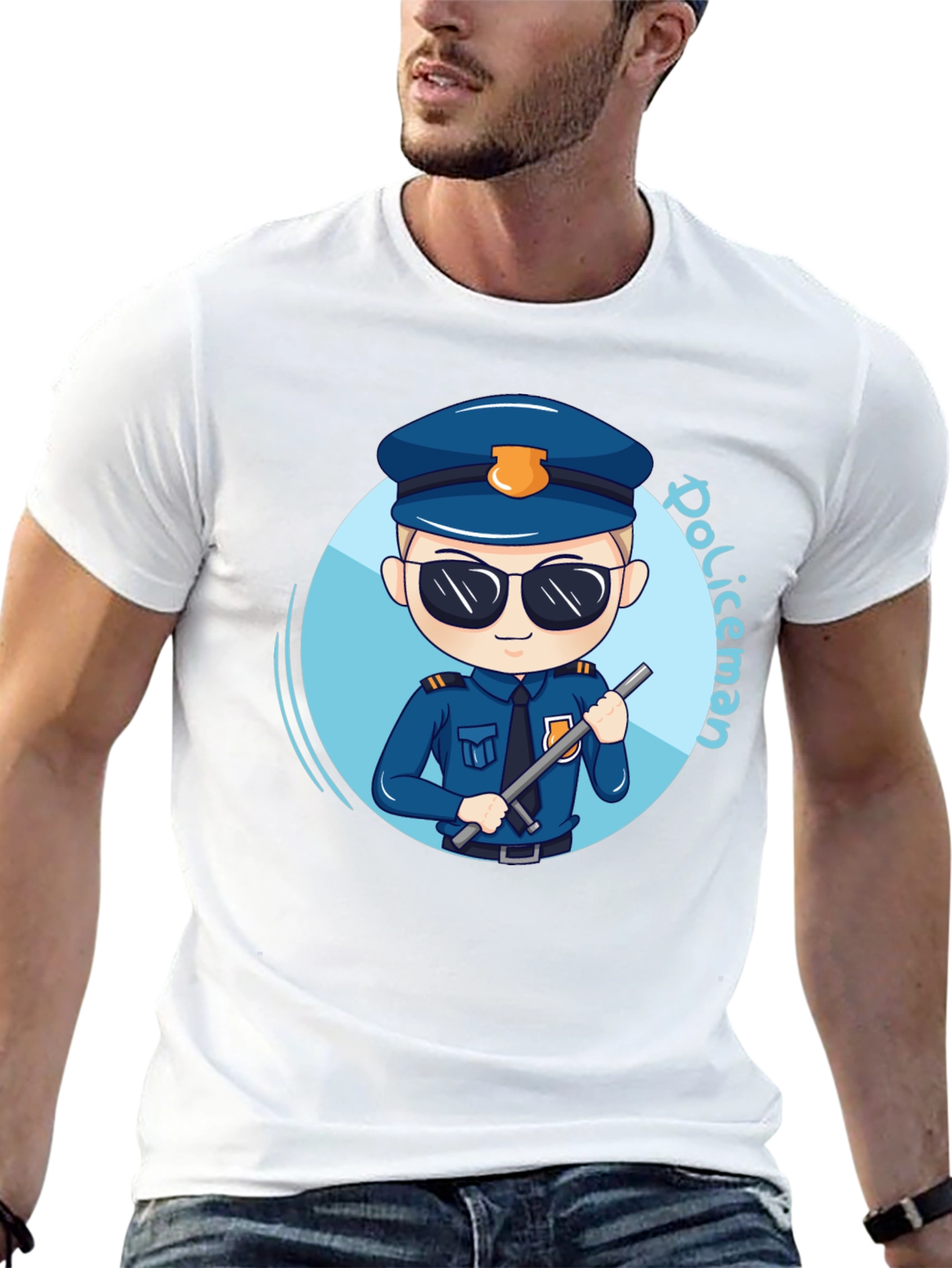 Black Cartoon Policeman Graphic Tee - Black Unisex T-Shirt view 13