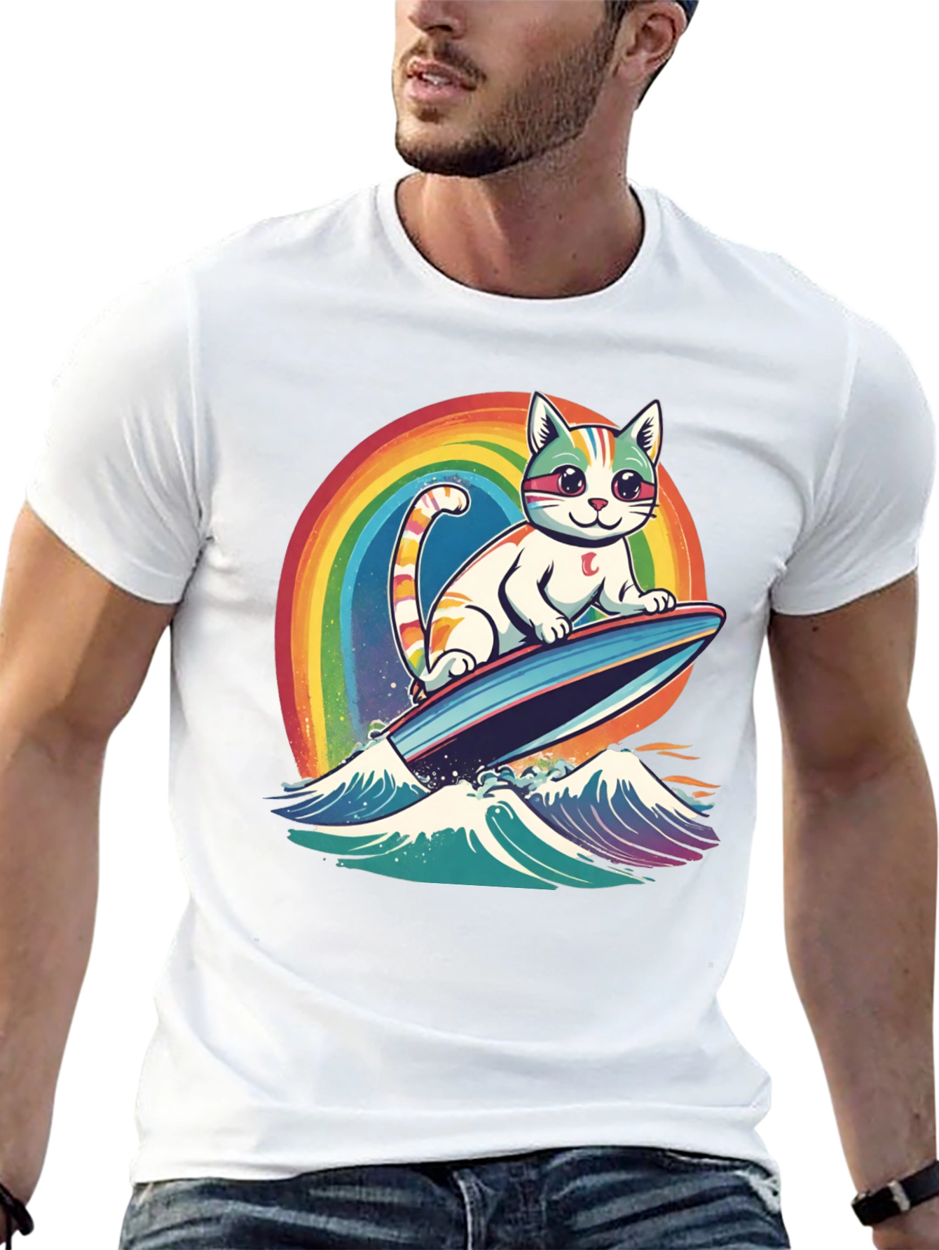 Black Surfing Cat Rainbow T-Shirt view 13